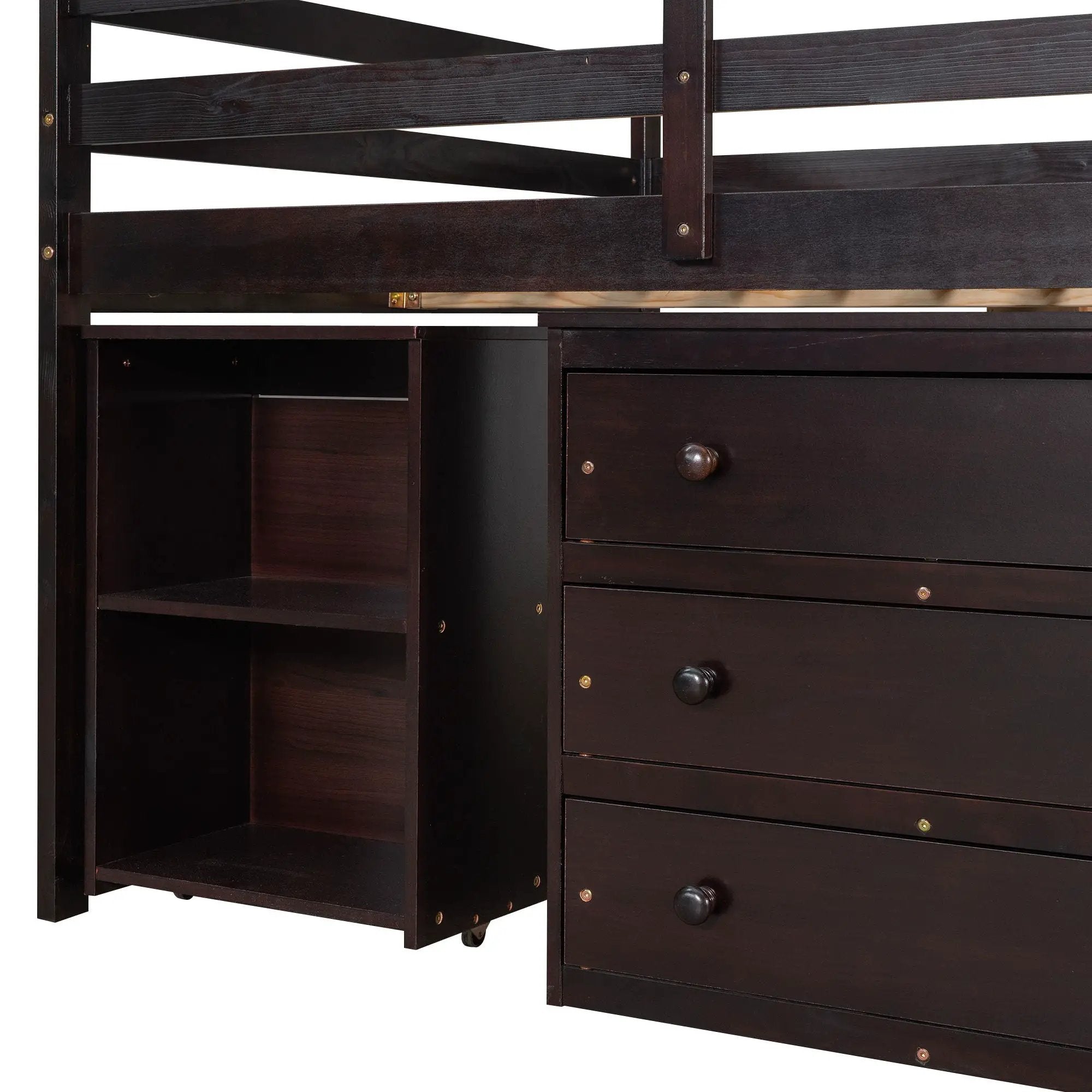 Loft Low Study Bed With Cabinet, Shelves And Rolling Portable Desk, Multiple Functions by HouseOfZazla