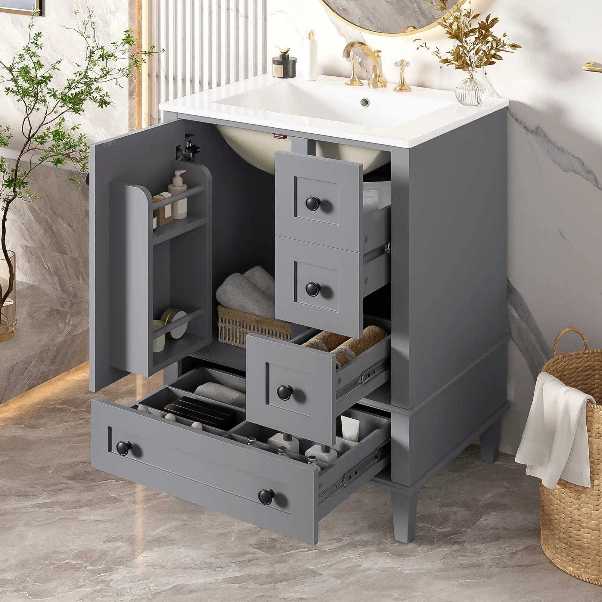 Bathroom Vanity With Integrated Basin, Soft Close Drawers, Door Mounted Double Layer Shelf by HouseOfZazla