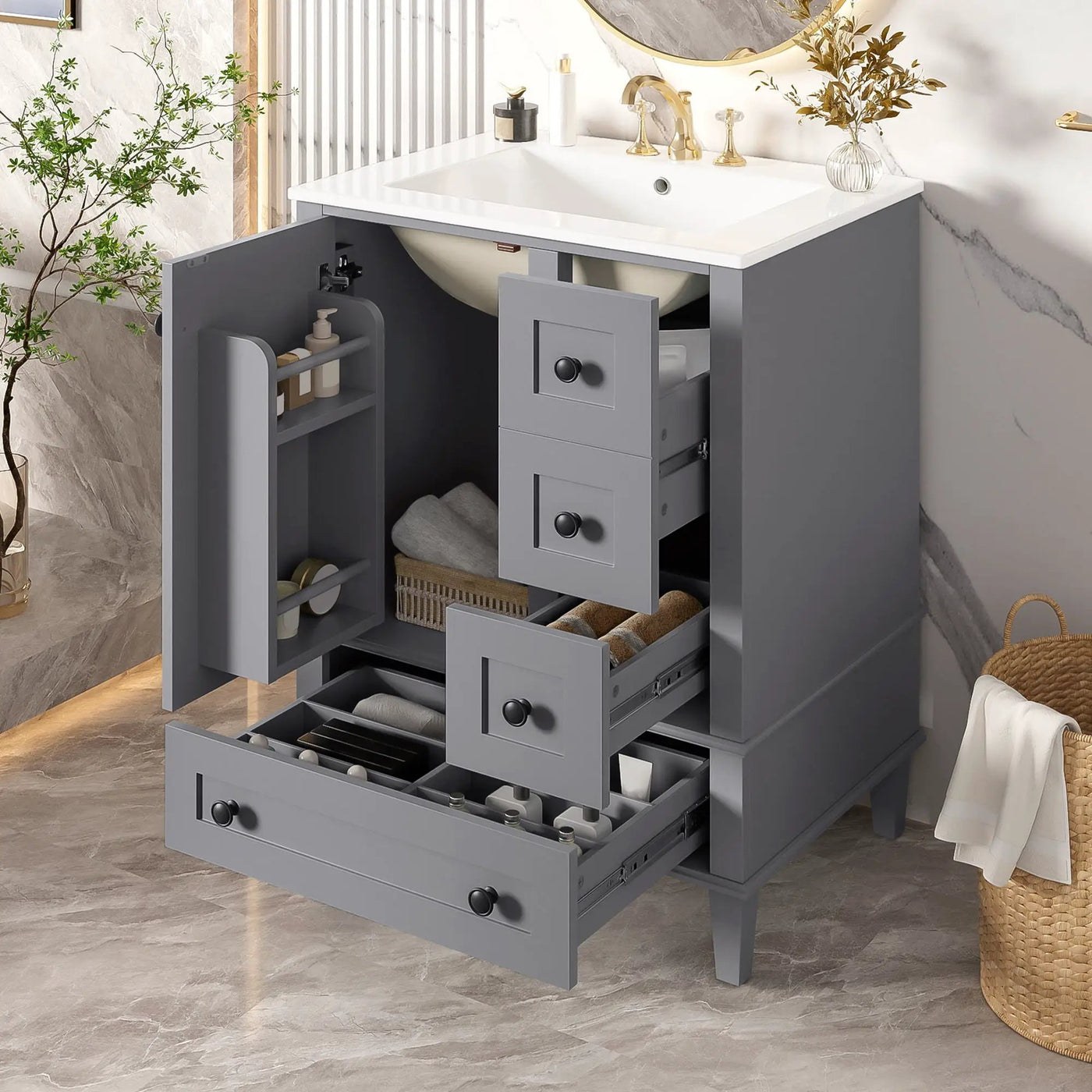 Bathroom Vanity With Integrated Basin, Soft Close Drawers, Door Mounted Double Layer Shelf by Unique Piece Furniture