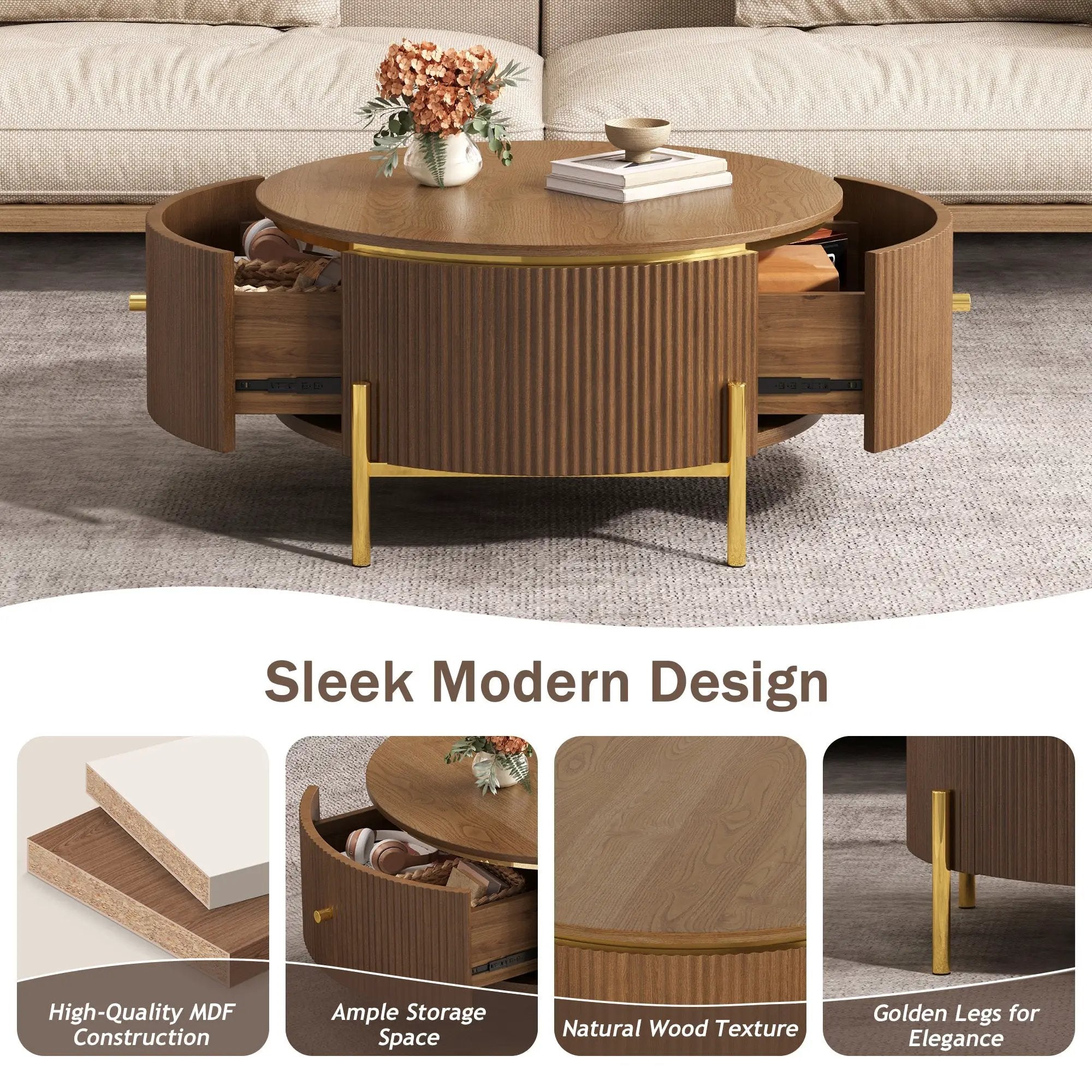 Modern Round Coffee Table with 2 Large Drawers Storage Accent Table by HouseOfZazla