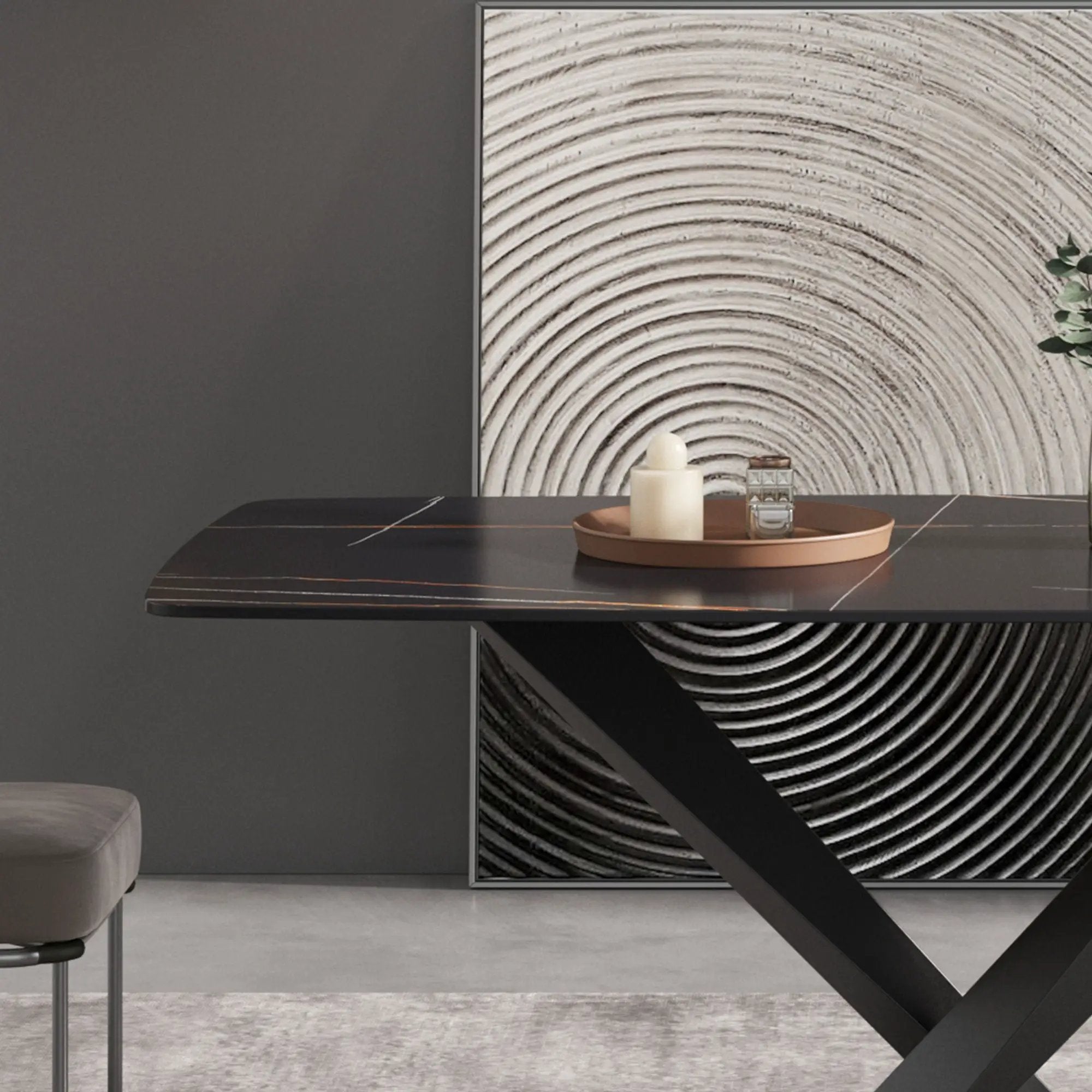 70.87" Modern Artificial Stone Black Curved Black Metal Leg Dining Table, Can Accommodate 6-8 People - Black by HouseOfZazla