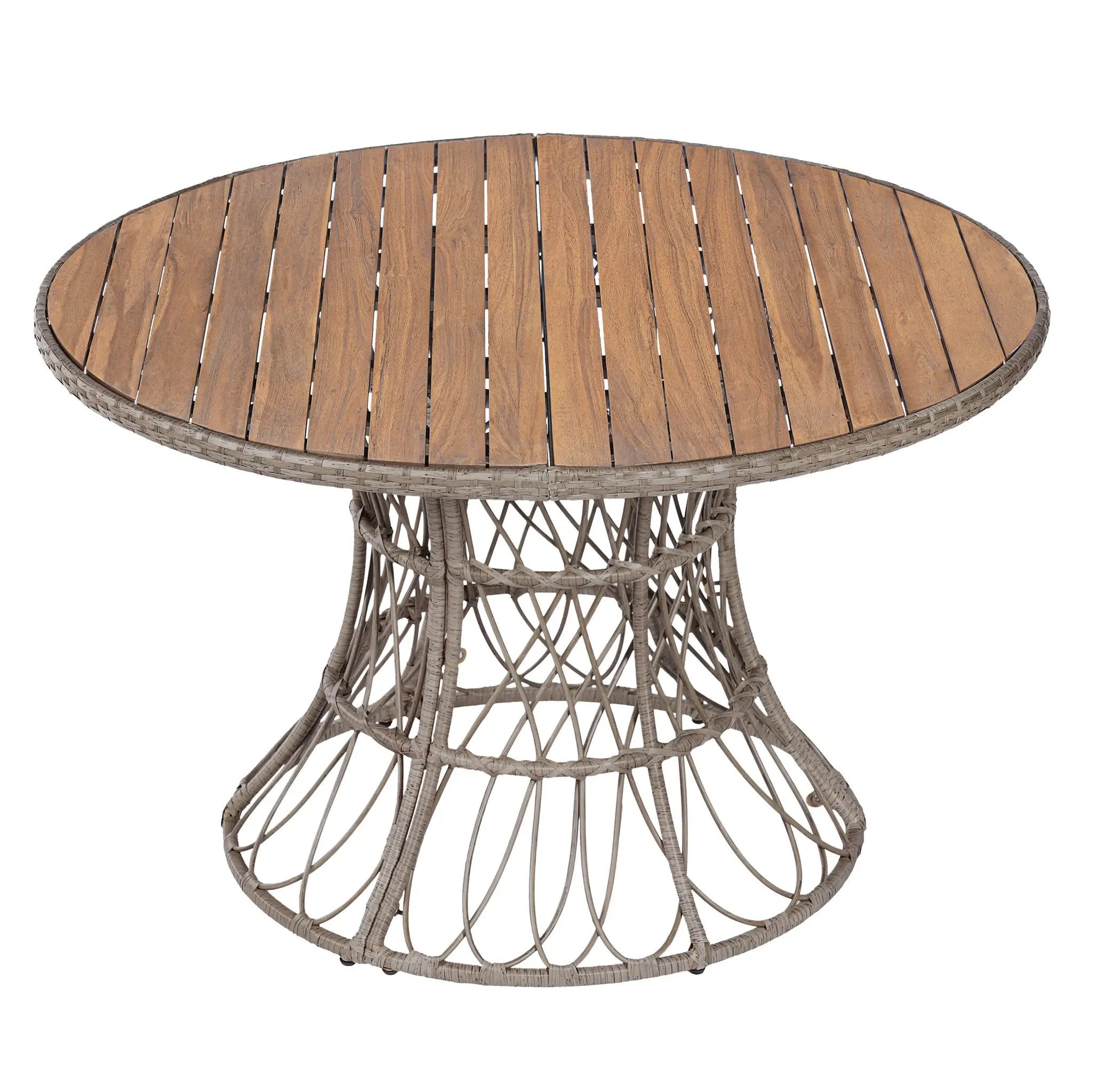 5-Piece Outdoor Dining Set: Brown Round Acacia Wood Table & 4 Brown Wicker Armchairs by HouseOfZazla