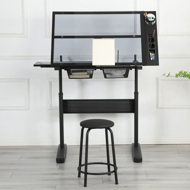 Hand Crank Adjustable Drafting Table Drawing Desk With 2 Metal Drawers With Stool by HouseOfZazla