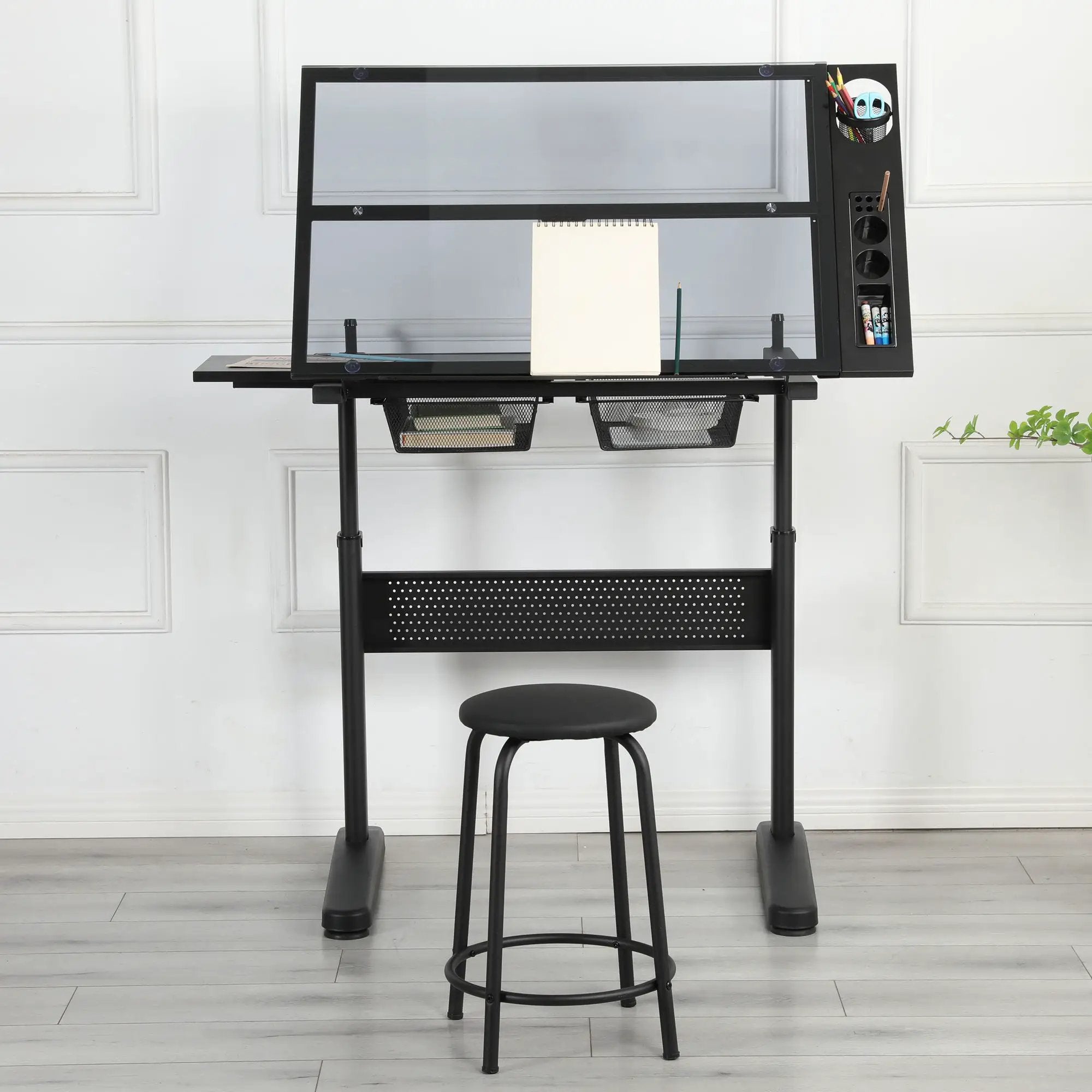 Hand Crank Adjustable Drafting Table Drawing Desk With 2 Metal Drawers With Stool by Unique Piece Furniture