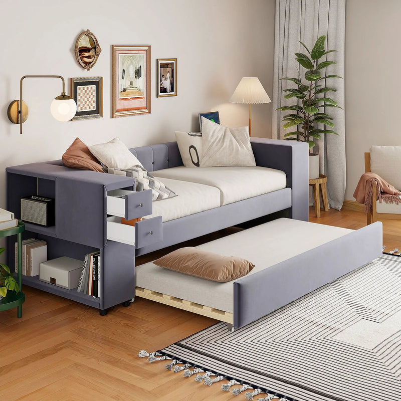 Upholstered Bed With Storage And Twin Trundle, USB Charging Ports by HouseOfZazla