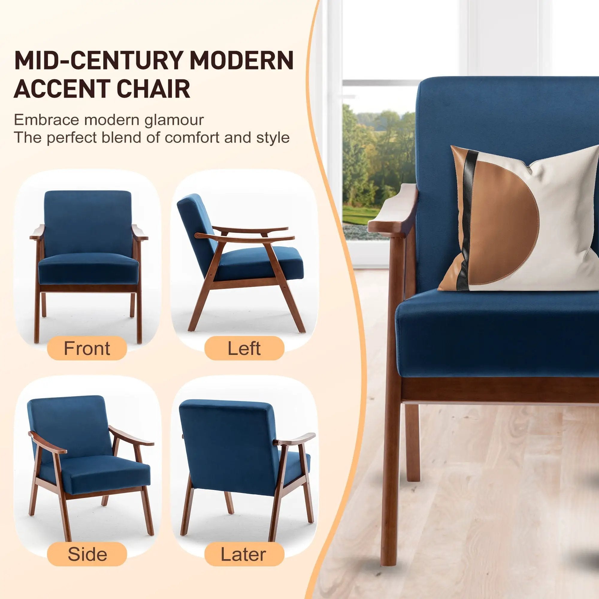 Mid Century Modern Accent Chair With Solid Wood Frame And Extra Thick Backrest by HouseOfZazla