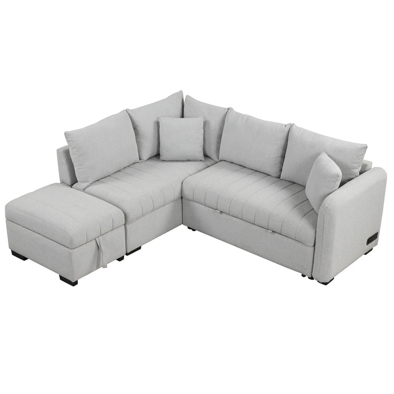 L-Shaped Sectional Pull Out Sofa Bed Sleeper Sofa With Two USB Ports, Two Power Sockets And A Movable Storage Ottoman by HouseOfZazla