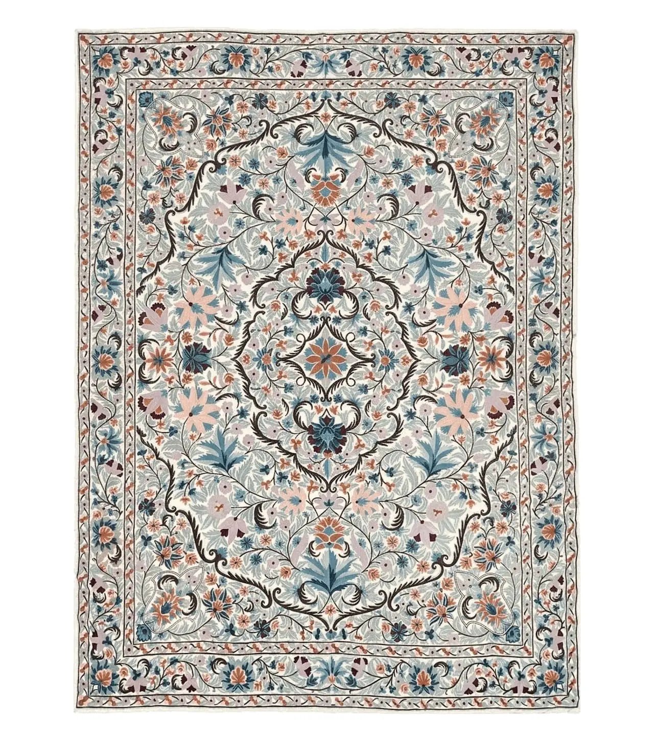 Chain Stitched Rug 9x12 Vintage Carpet 9 x 12 Flatweave Rug, Ivory Teal Rug, Area Rug 9 by 12, Hand Stitched Rug, Medallion, Indian Rug by Jewel Rugs