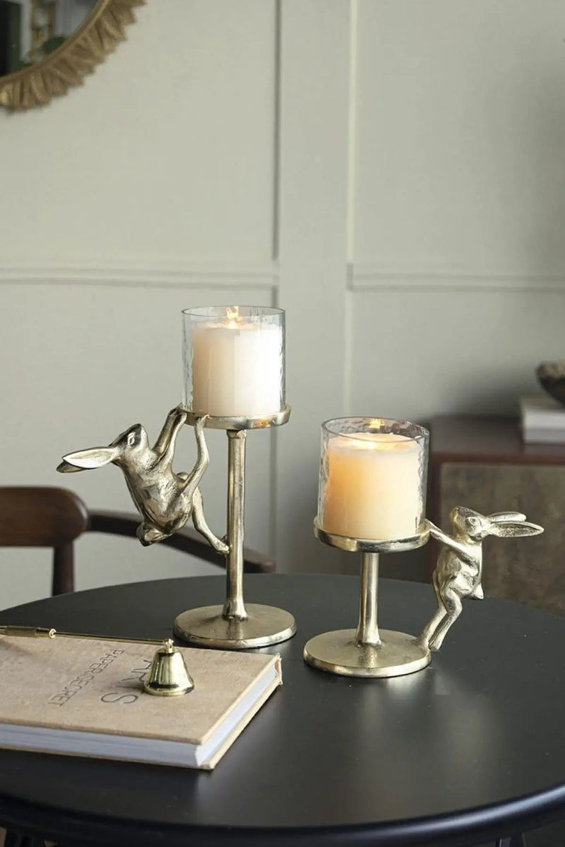 Set of 2 Gold Rabbit Pillar Candle Holders with Clear Glass Hurricane Shade by HouseOfZazla
