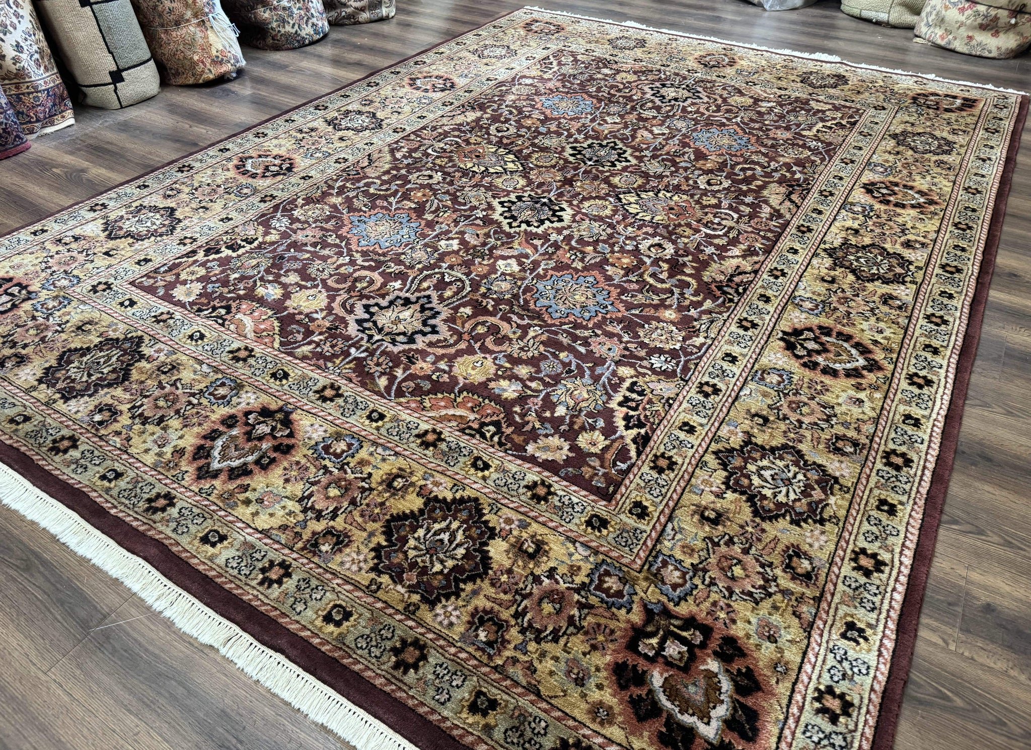 Indo Persian Rug 8x11, Eggplant & Tan, Allover Pattern, Wool Couristan Handmade Rug by Jewel Rugs