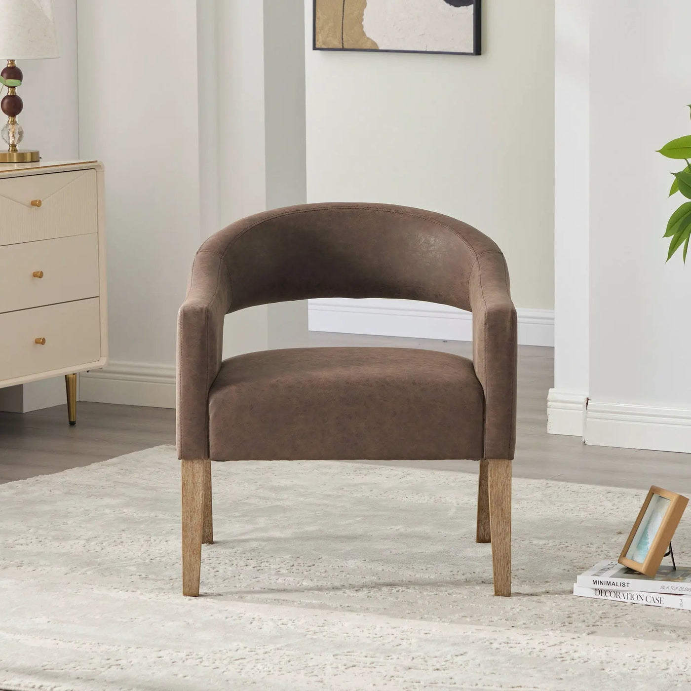 Upholstered Open Back Armchair With Weathered Rubberwood Legs by HouseOfZazla