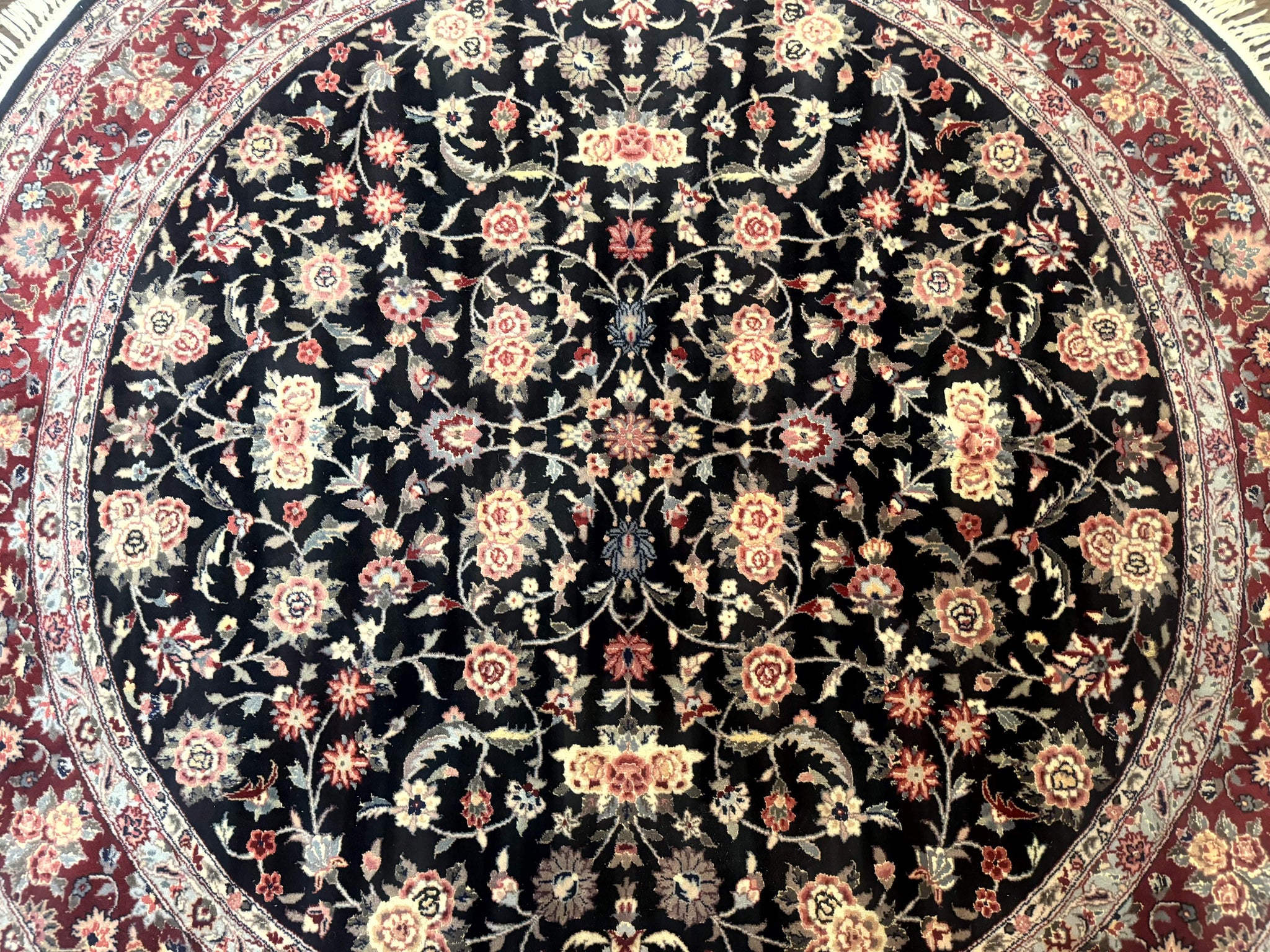 Round Sino Persian Rug 6x6, Floral, Navy Blue and Red, Wool and Silk Highlights by Jewel Rugs