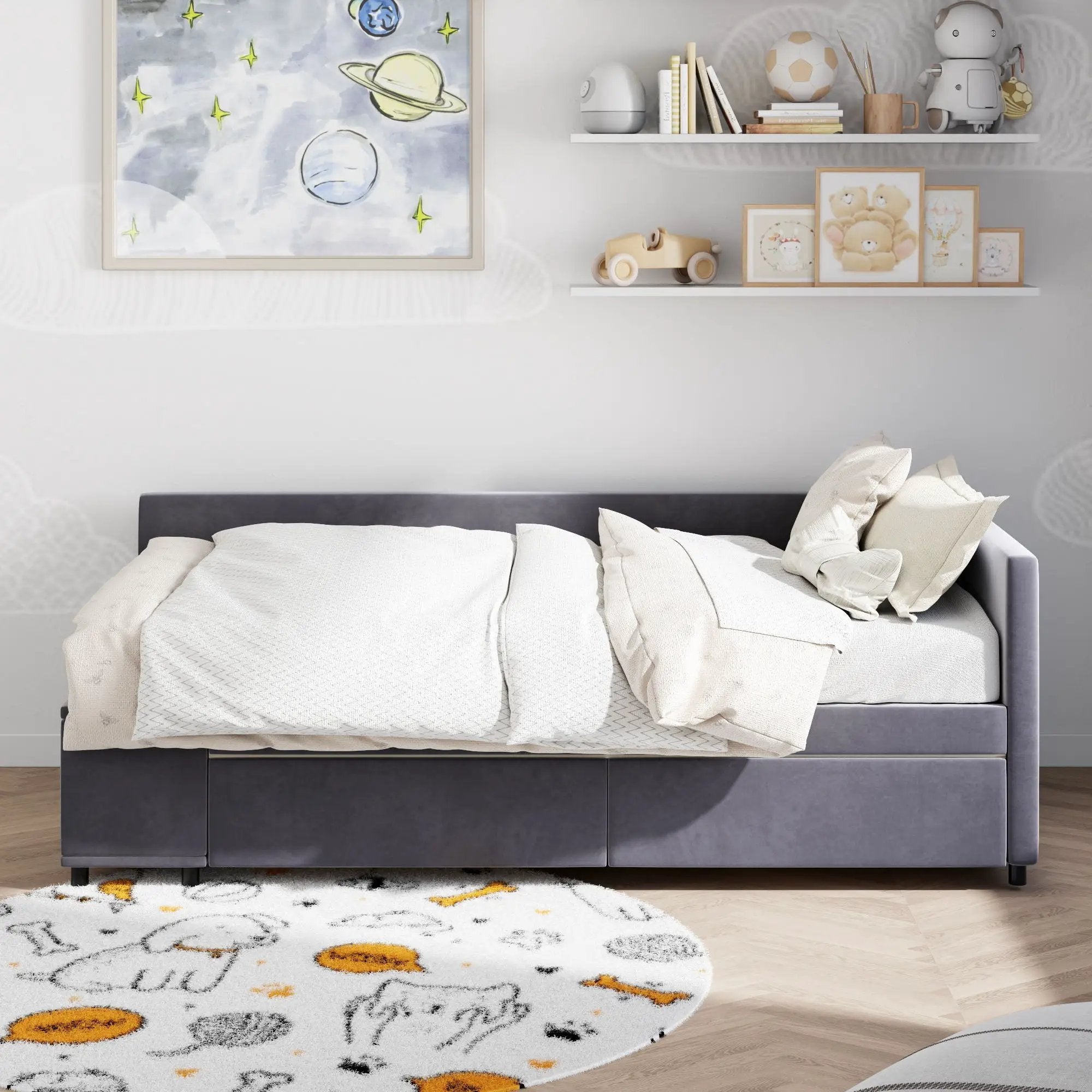L Shaped Upholstered Platform Bed With Storage And Drawers by HouseOfZazla