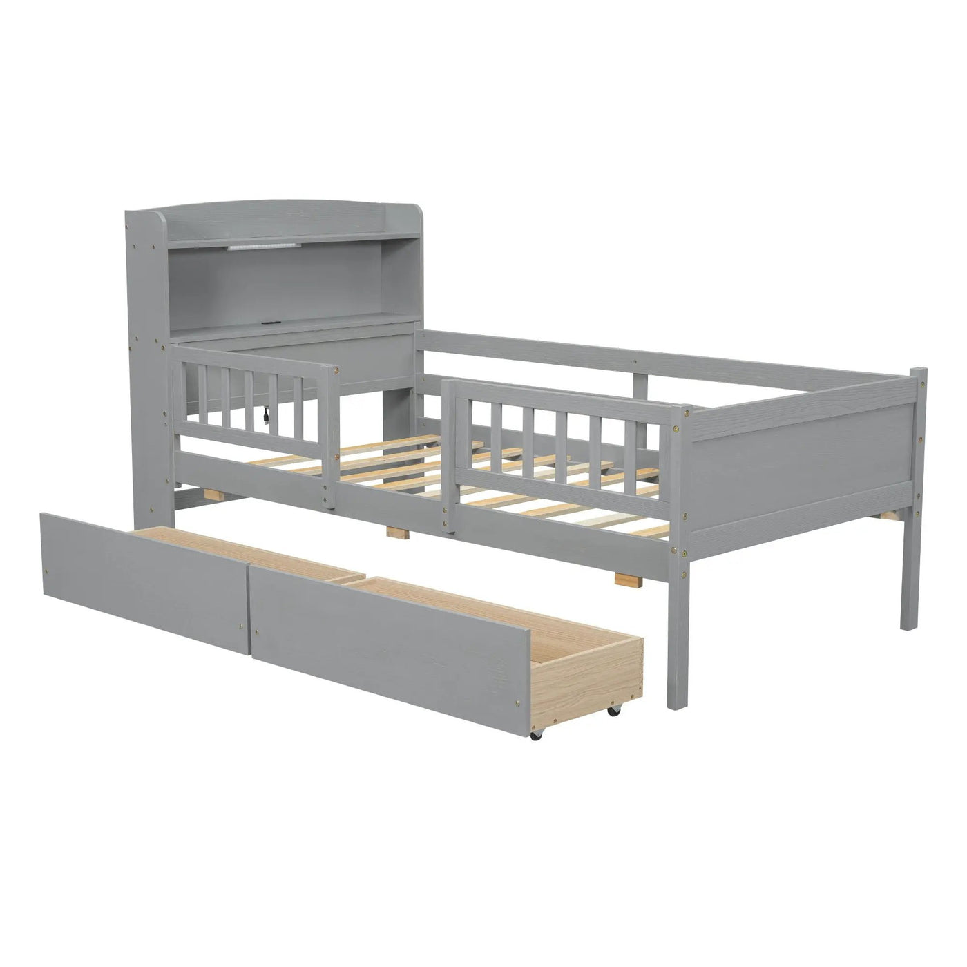 Platform Bed With LED Light, Multi Functional Headboard, Guardrail And 2 Drawers by HouseOfZazla
