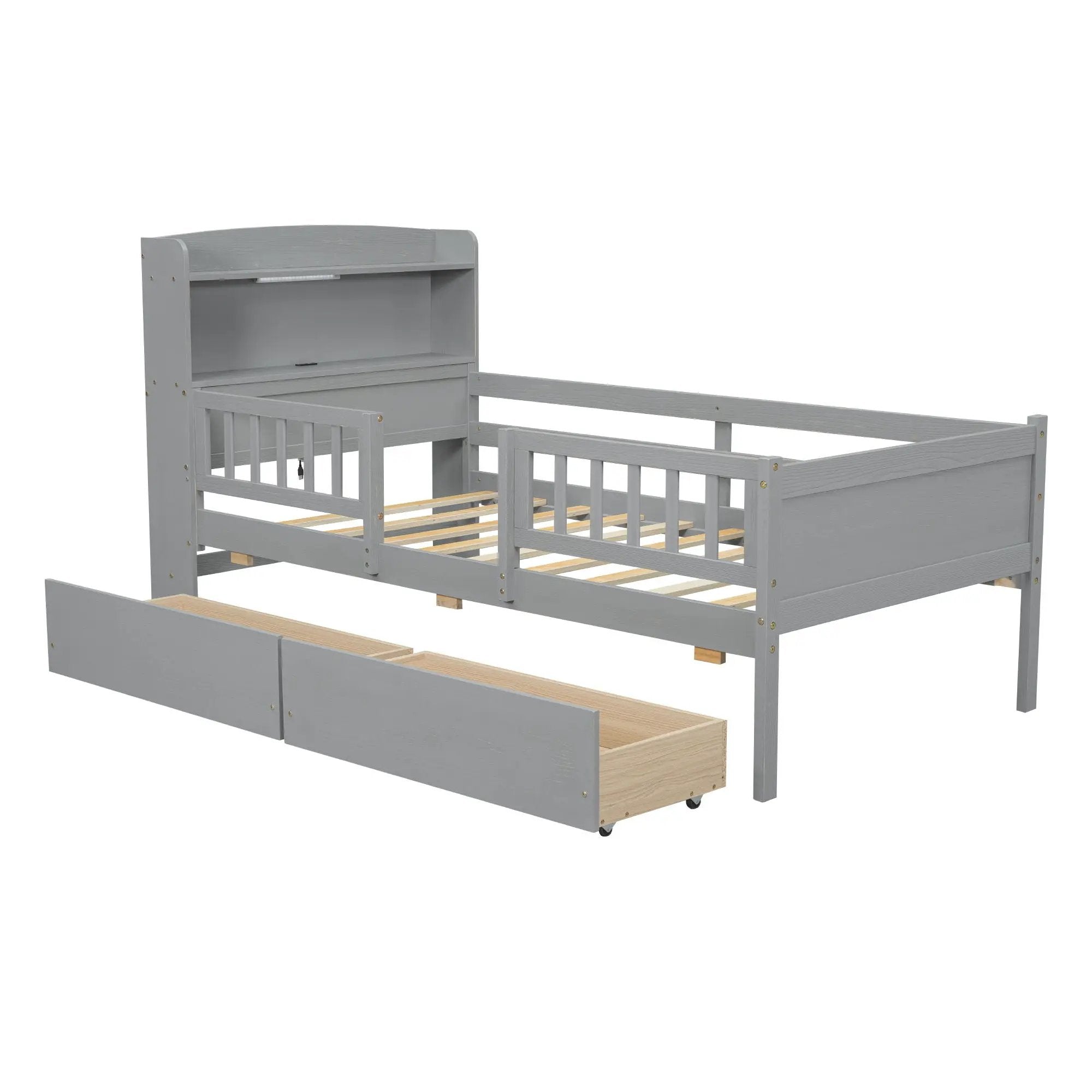 Platform Bed With LED Light, Multi Functional Headboard, Guardrail And 2 Drawers by Unique Piece Furniture