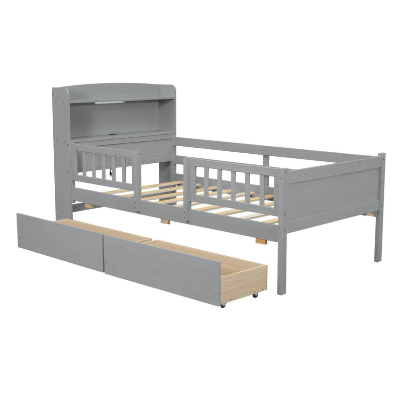 Platform Bed With LED Light, Multi Functional Headboard, Guardrail And 2 Drawers by HouseOfZazla