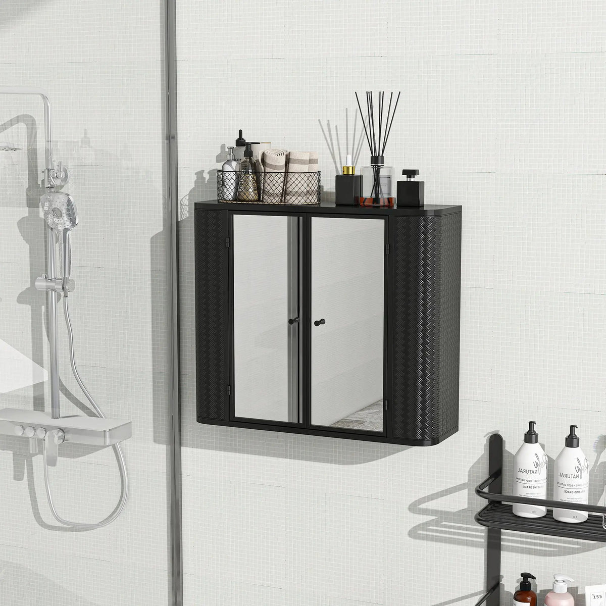Black Wall-Mounted Bathroom Cabinet with Mirror, 2 Mirrored Doors & Open Shelf