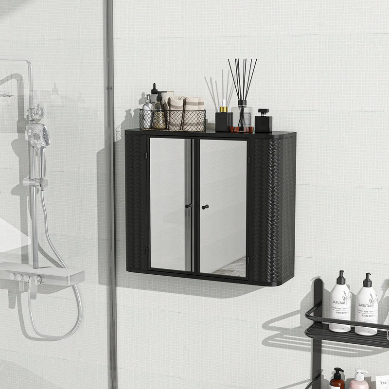 Black Wall-Mounted Bathroom Cabinet with Mirror, 2 Mirrored Doors & Open Shelf