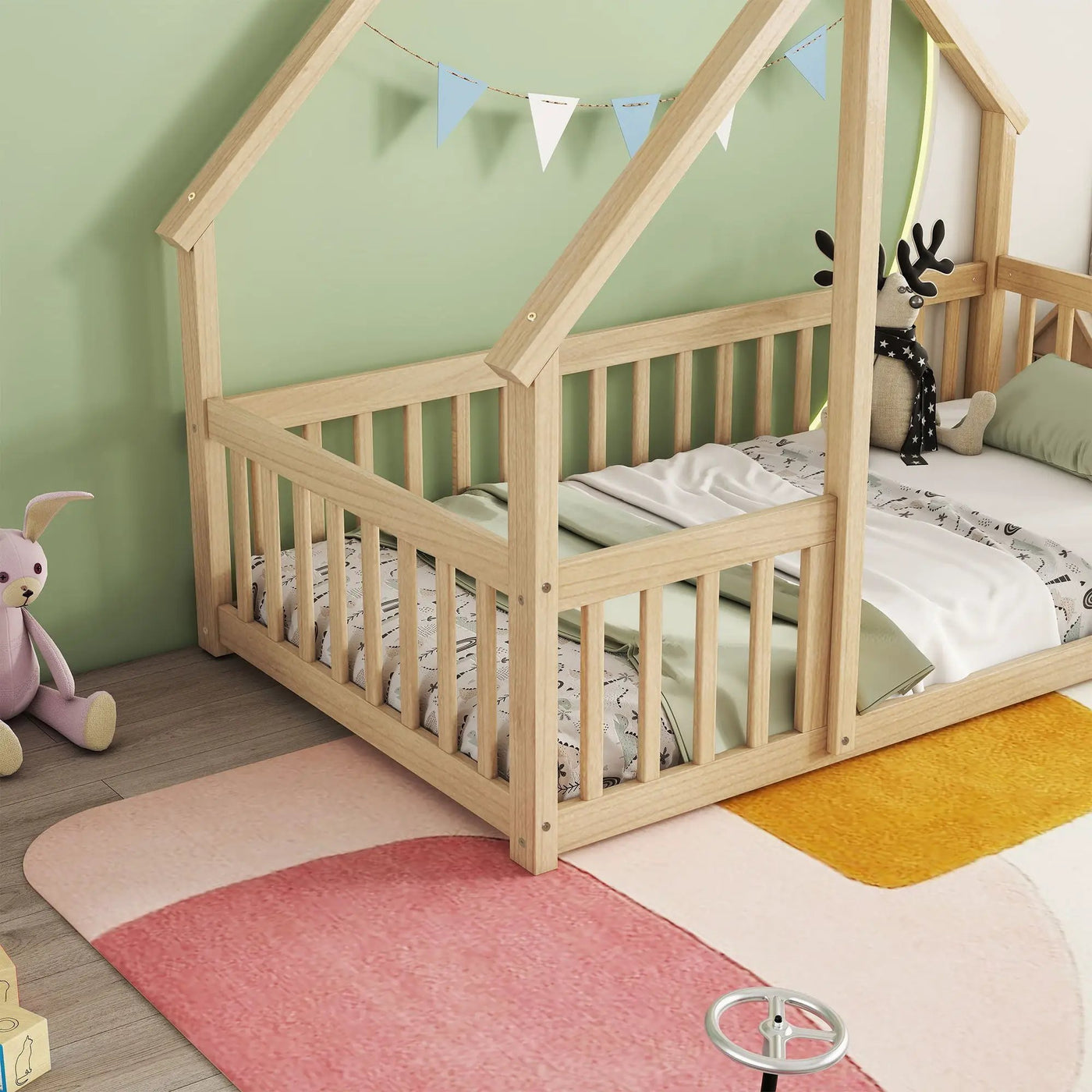 Wood House-Shaped Floor Bed With Fence, Guardrails by Unique Piece Furniture