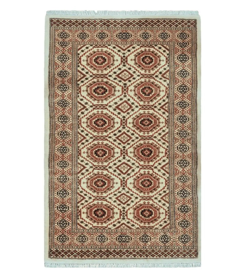 4' X 7' Vintage Handmade Pakistani Turkoman Bokhara Balouch Woven Wool Rug Ivory by Jewel Rugs