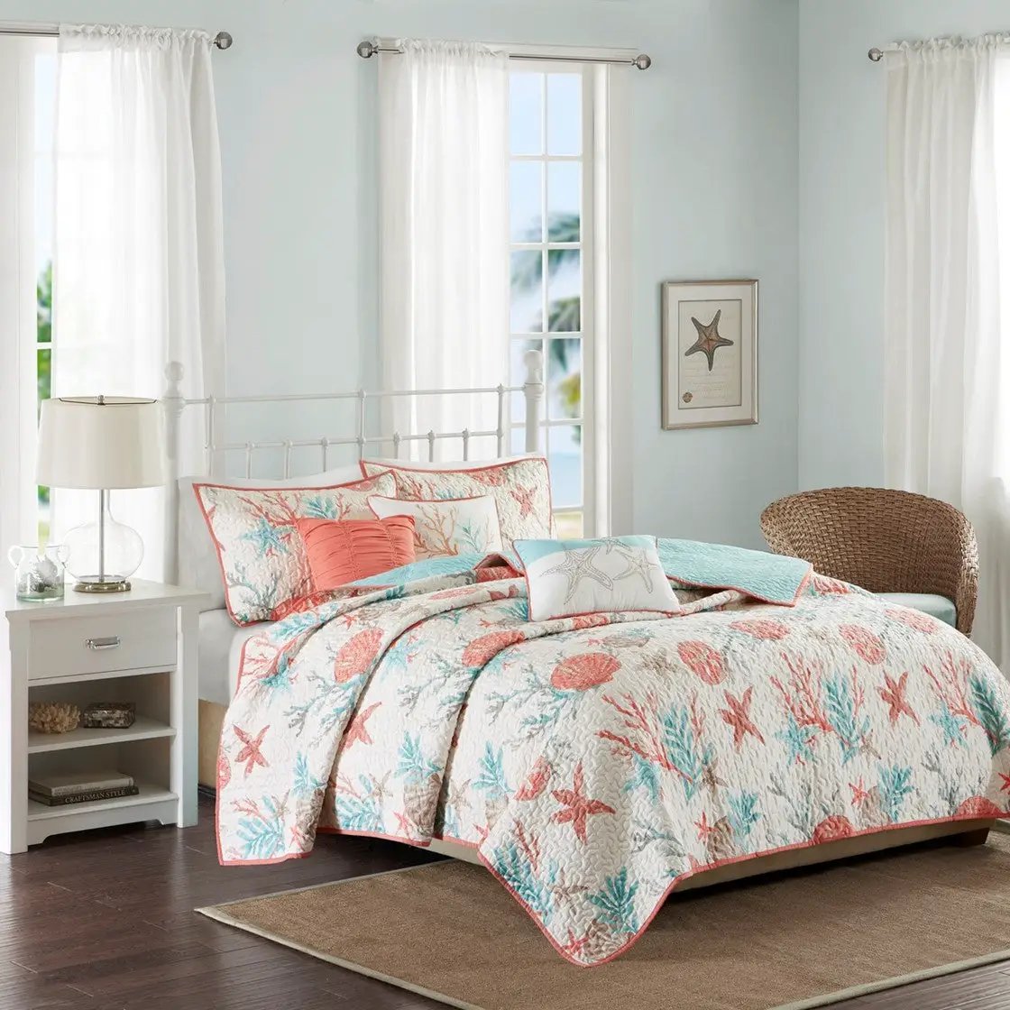 6 Piece Cotton Sateen Quilt Set with Throw Pillows Coral Full/Queen by HouseOfZazla