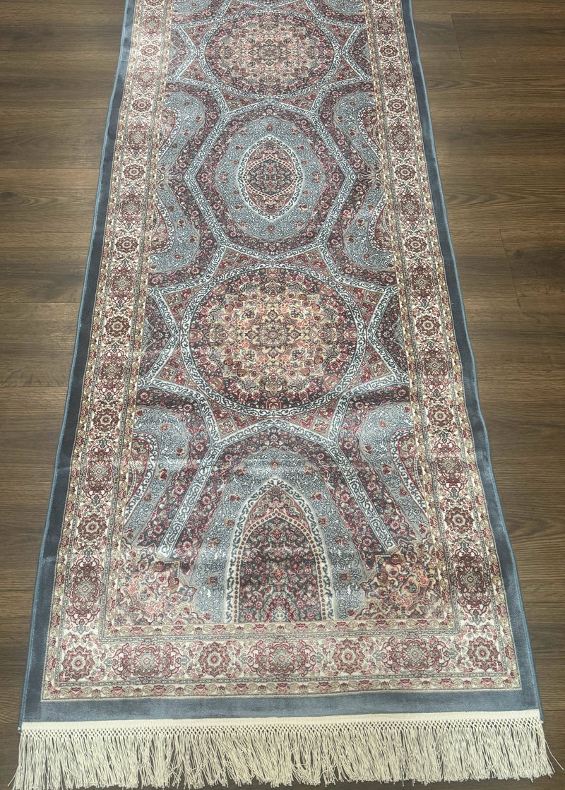 Turkish Silk Runner Rug 2.6 x 13, Blue Runner Rug, Dome Design, Bamboo Silk, New by Jewel Rugs