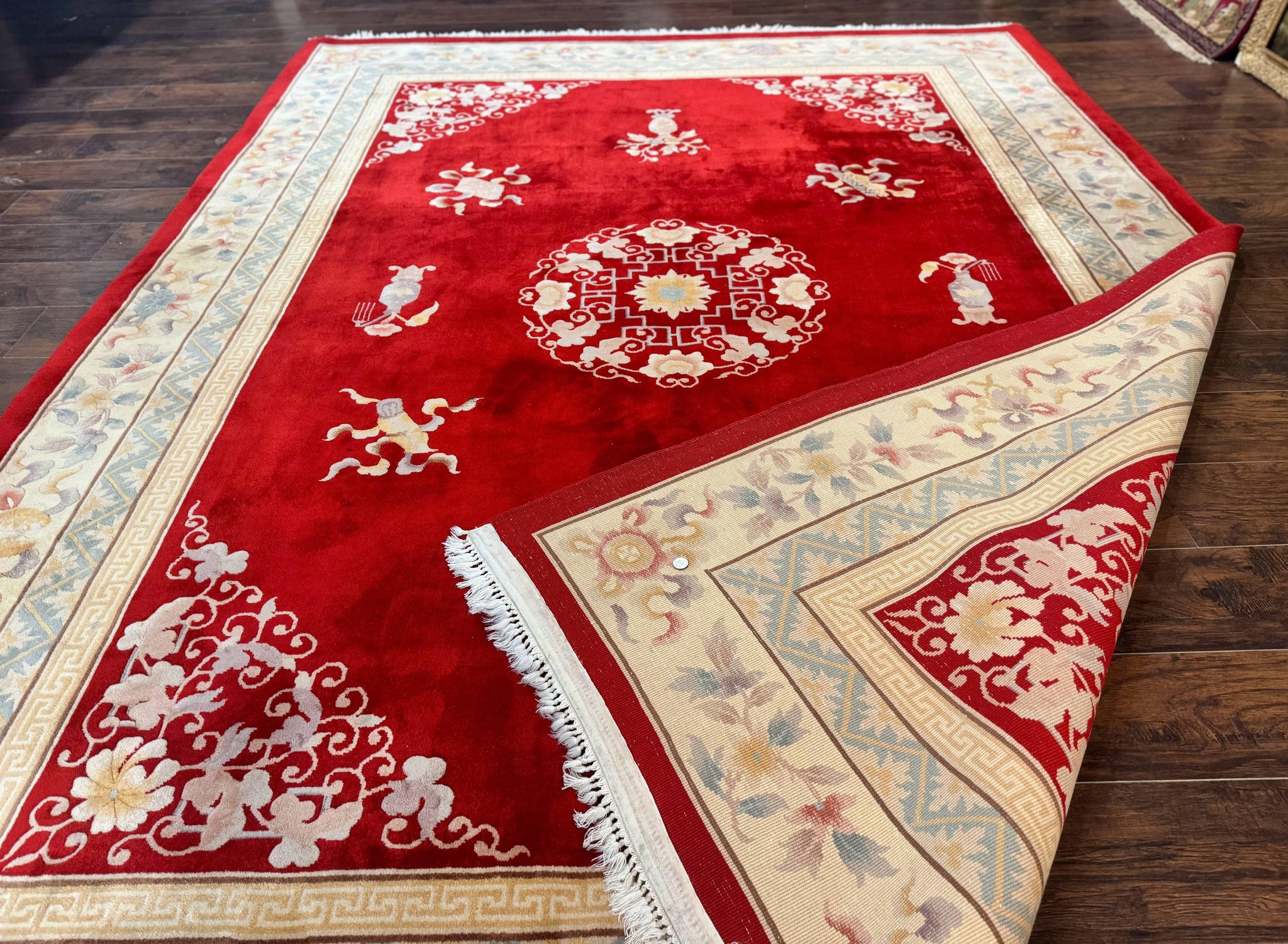 Chinese Wool Rug 8.6 x 11, Red and Beige Asian Oriental Carpet, Plush Pile, Vintage Handmade Chinese Carving Sculpted Rug, Semi Open Field by Jewel Rugs