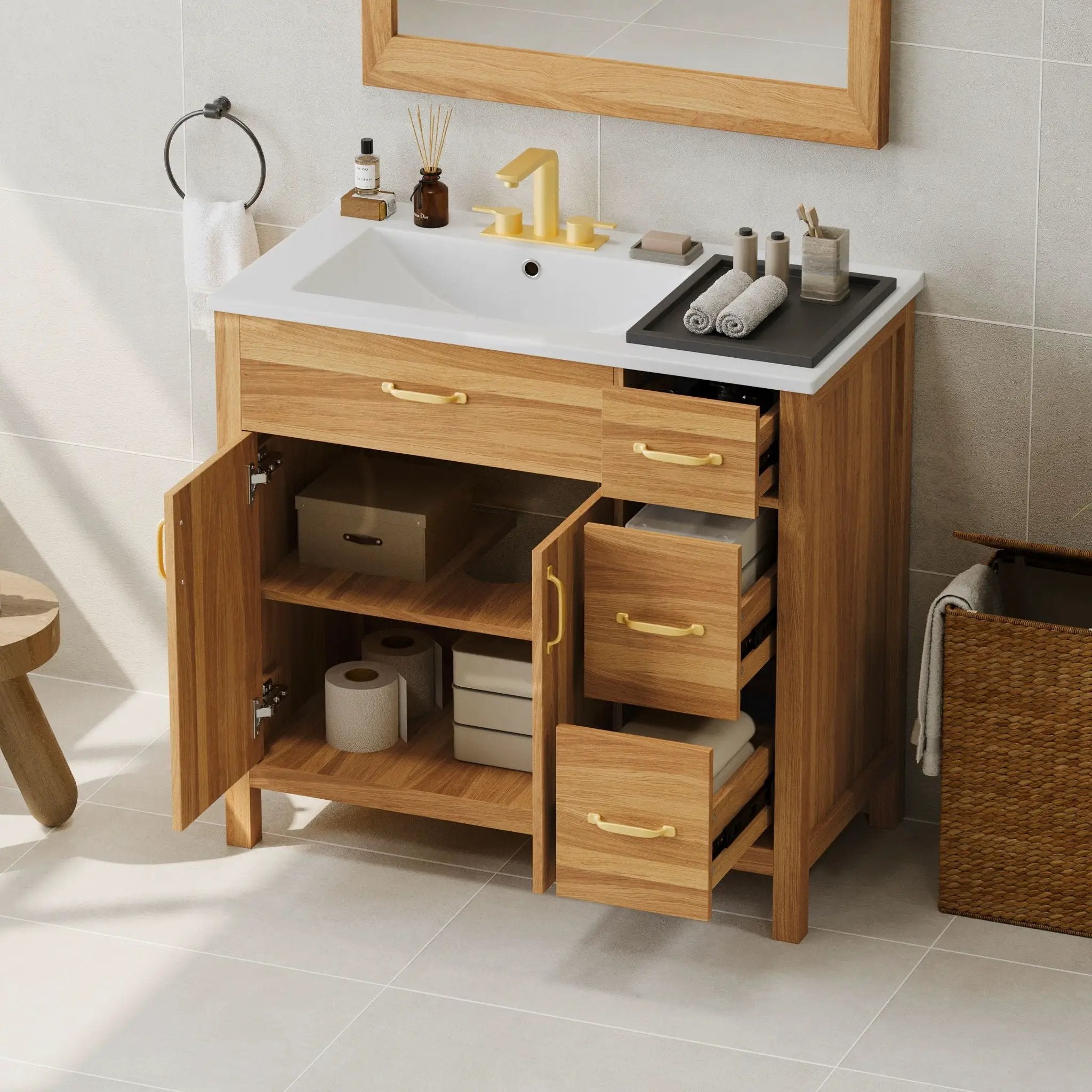 Bathroom Vanity, 2 Soft Close Doors, 3 Soft Close Drawers, Adjustable Shelf - Wood by Unique Piece Furniture