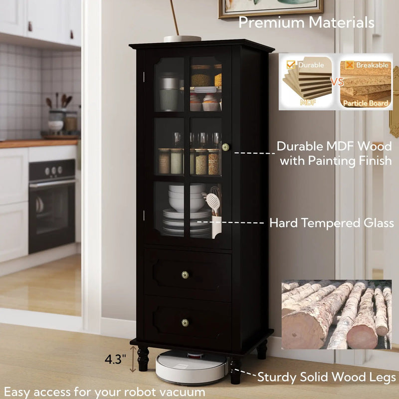 Black Tall Storage Cabinet with Glass Door & 2 Drawers by HouseOfZazla