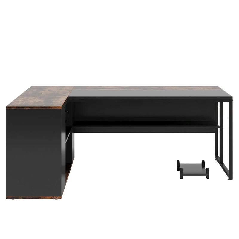 L-Shaped Executive Desk With Storage Cabinet & Shelves, Home Office Workstation With Cpu Stand And Printer Station - Brown / Black by HouseOfZazla