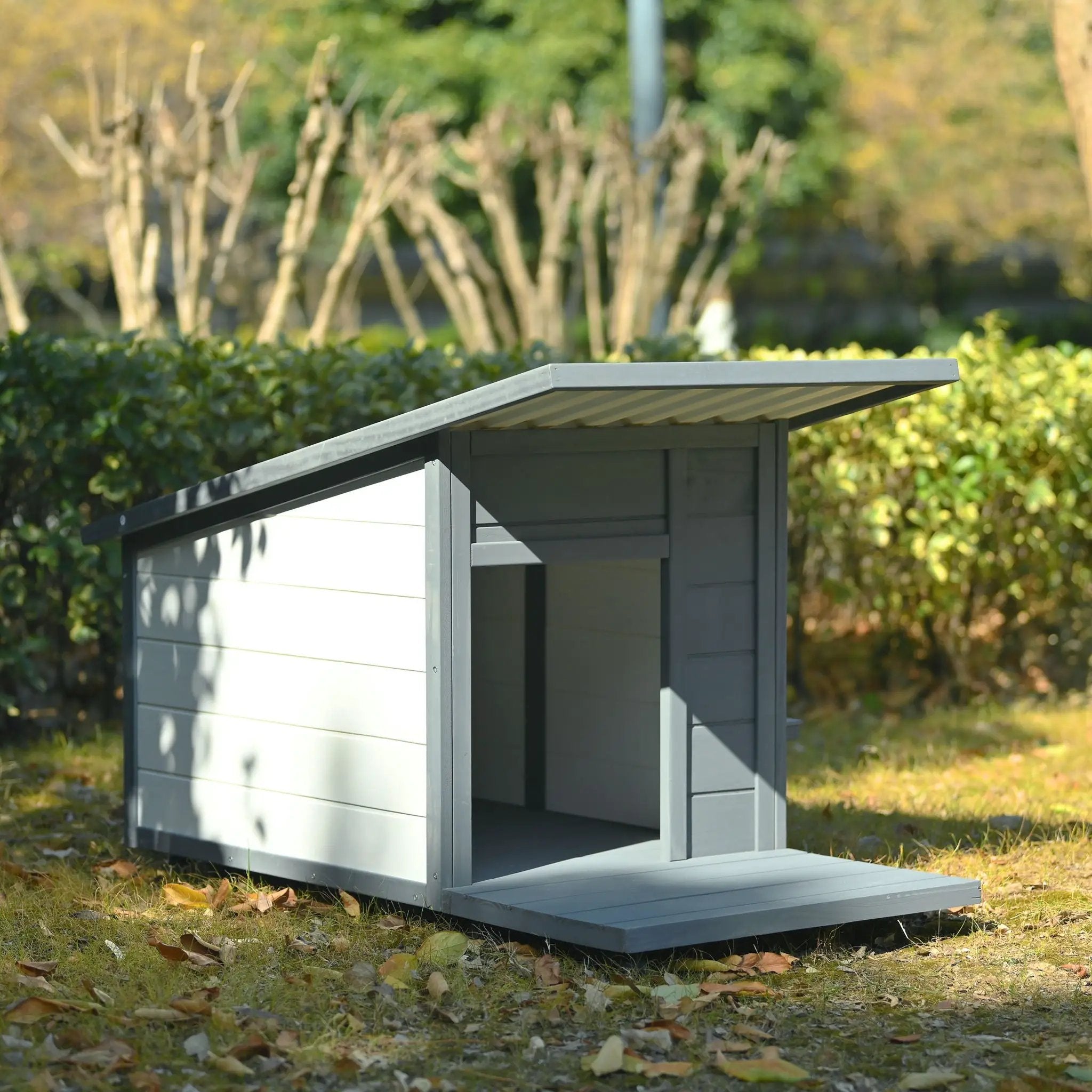 Modern Design Outdoor Dog House With Food Bowl And Wheels Pine - Gray / White by HouseOfZazla
