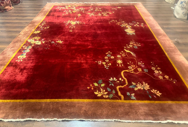 Red Chinese Art Deco Rug 9x11, Simple Design, Wool Chinese Area Rug, Antique, photo 2 of 13