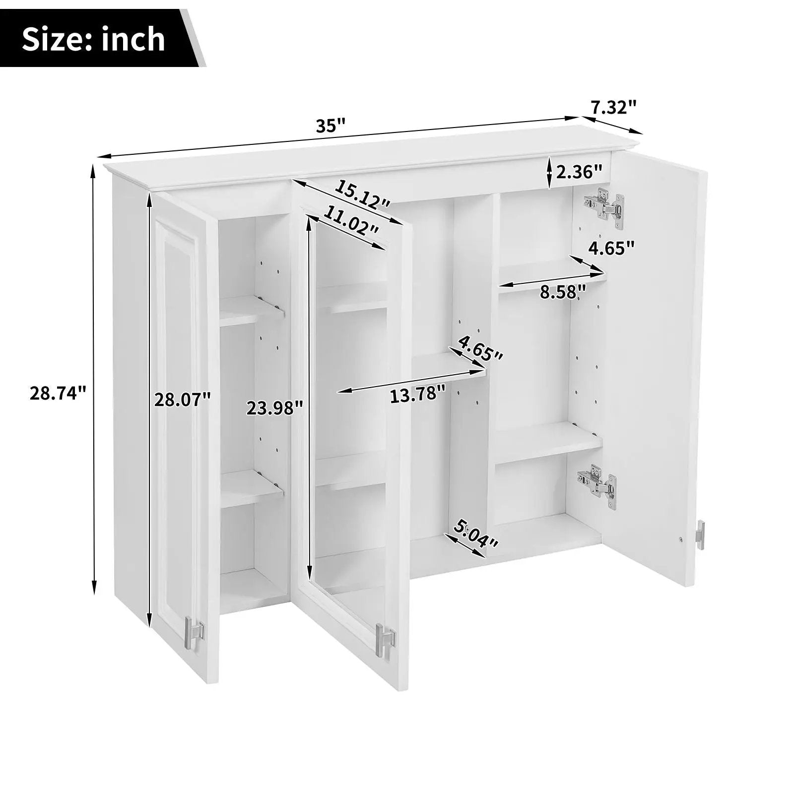 Wall Mounted Mirror Cabinet With 5 Adjustable Shelves, Rectangular Storage For Bathroom - White by Unique Piece Furniture