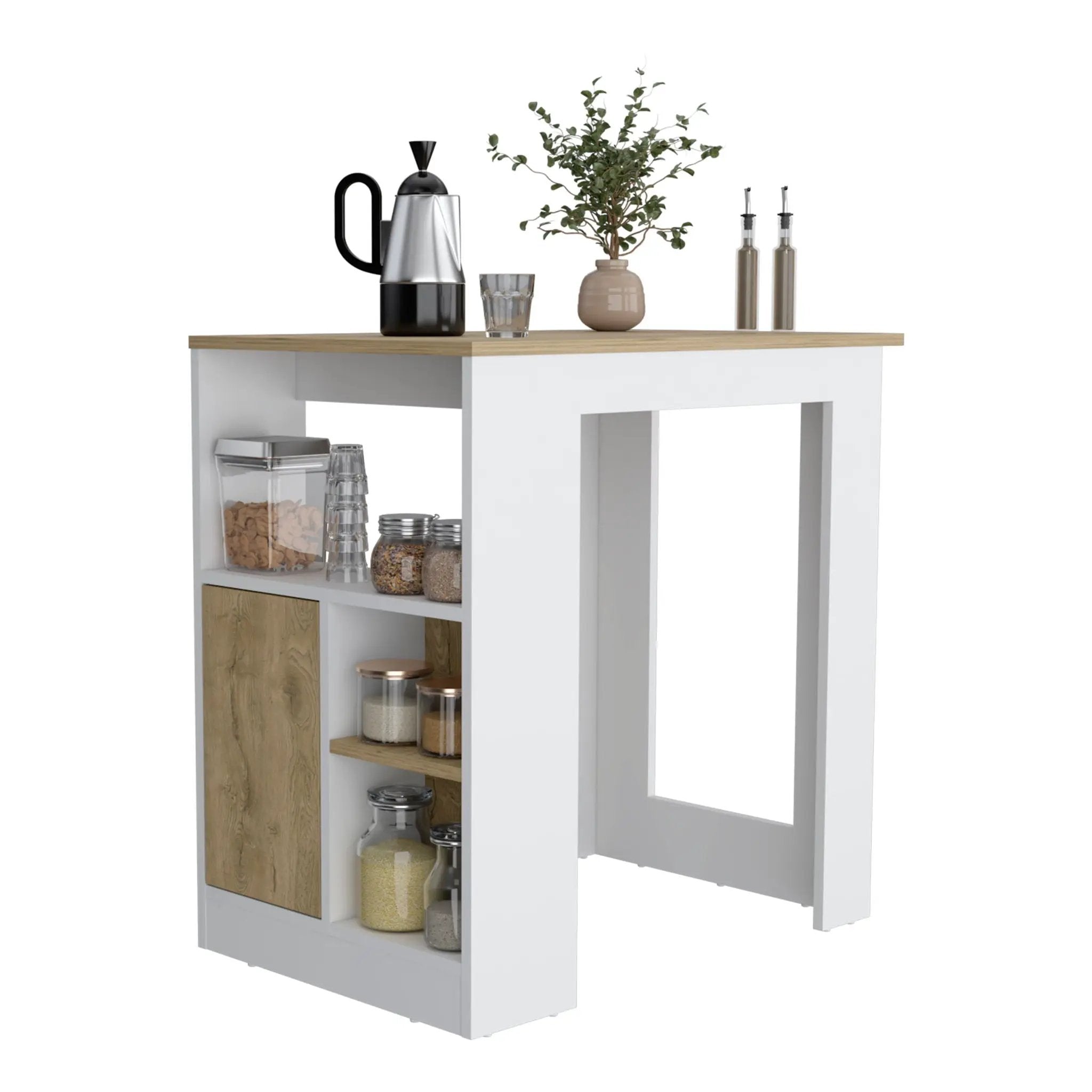 Kitchen Island Three Open Side Storage Shelves And One Push-To-Open Cabinet - White / Macadamia by Unique Piece Furniture