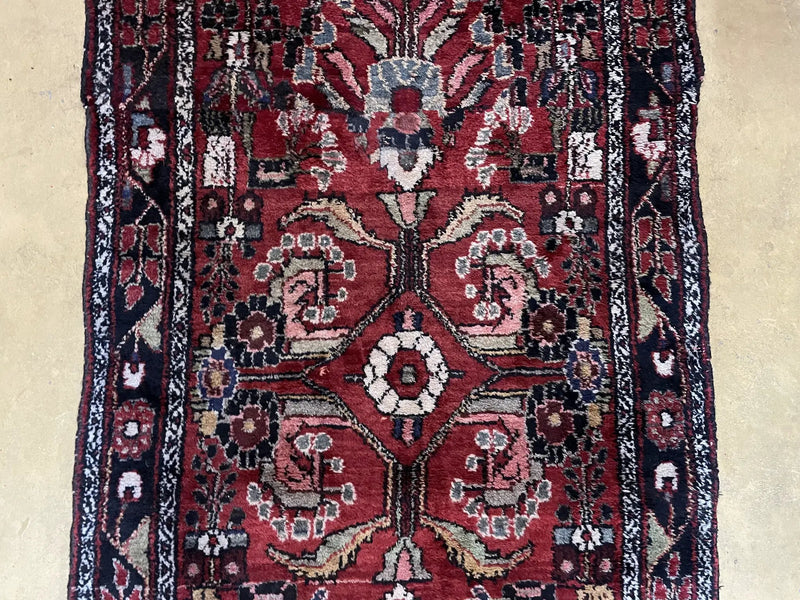 Antique Persian Hamadan Runner Rug 3.4 x 9, Red, Handmade Wool Runner by Jewel Rugs
