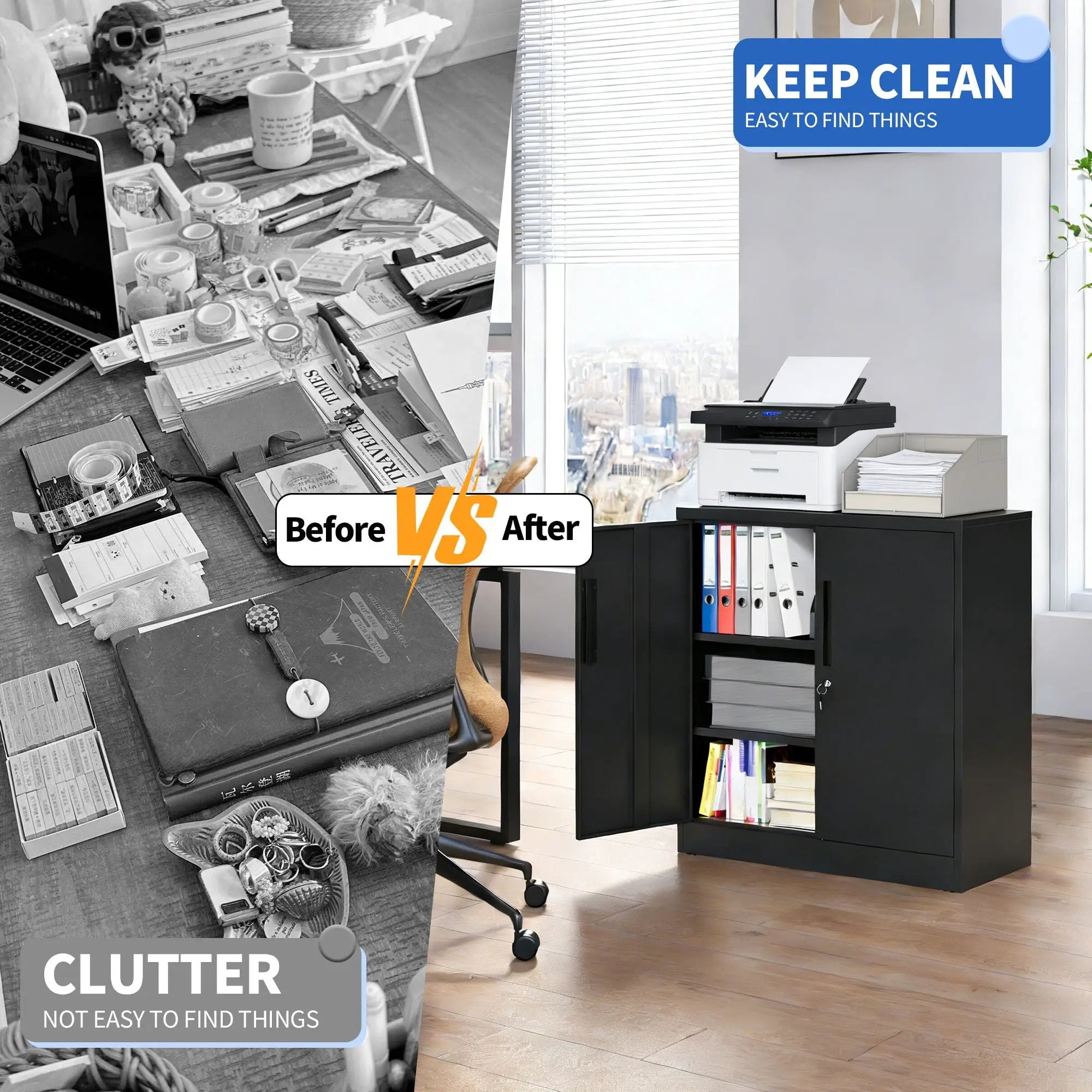 Heavy Duty Storage Cabinet With Lock, 2 Door File Cabinet With 2 Adjustable Shelves - Black by Unique Piece Furniture