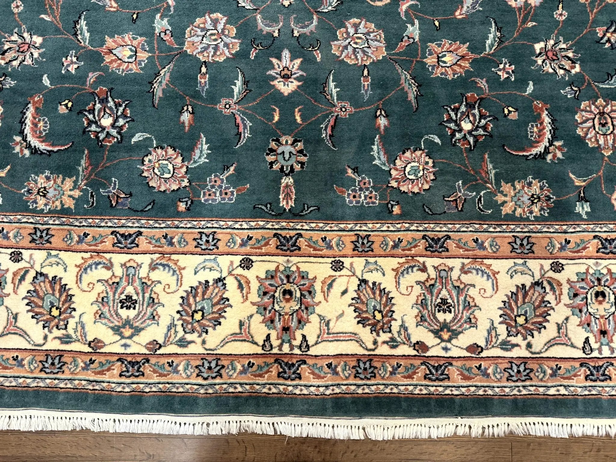 Indo Persian Rug 8x10, Green and Beige Oriental Carpet, Traditional Wool Area Rug, Floral Allover Pattern by Jewel Rugs