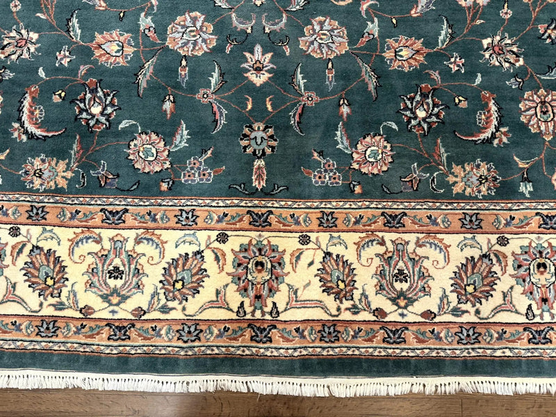 Indo Persian Rug 8x10, Green and Beige Oriental Carpet, Traditional Wool Area Rug, Floral Allover Pattern by Jewel Rugs