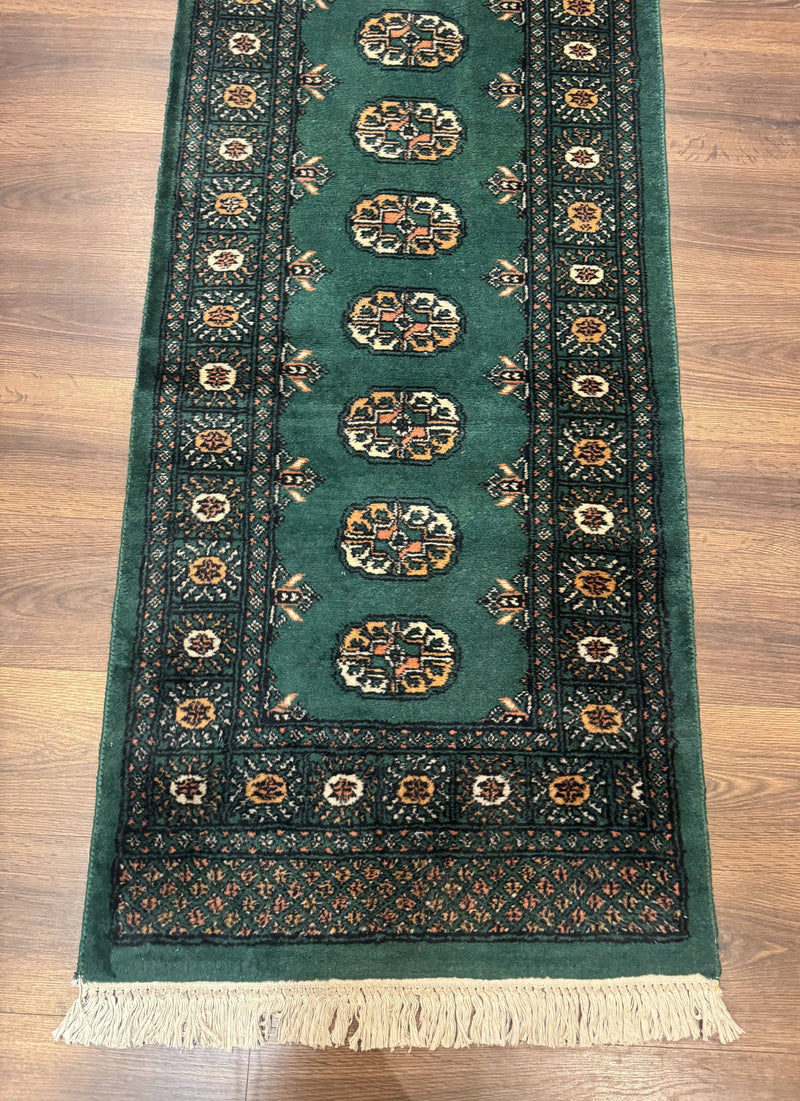 Pakistani Bokhara Runner Rug 2.5 x 11, Green Turkoman Wool Runner for Hallway by Jewel Rugs