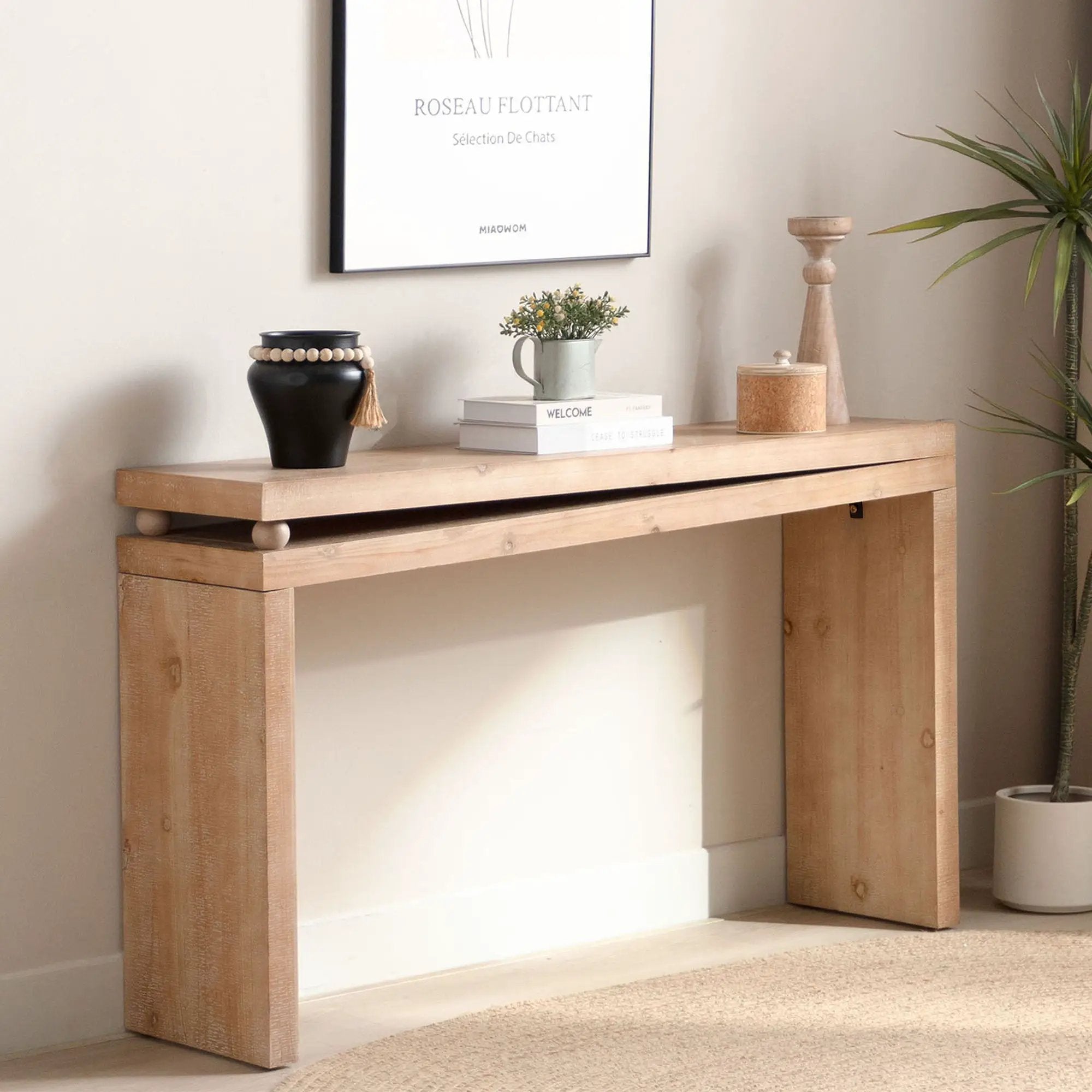 Slim Console Table, Narrow Entryway Table With Bead Detail - Light Natural / Natural by HouseOfZazla