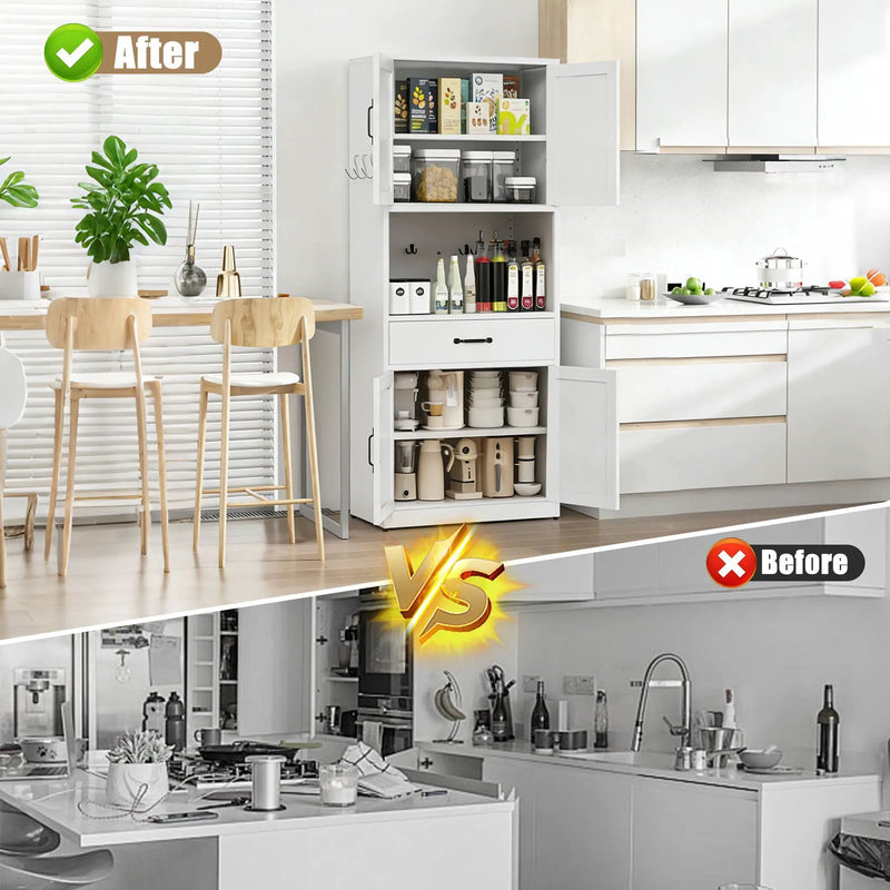 Kitchen Pantry Cabinet With Adjustable Shelves, Drawers, Hooks And Large Countertop - White by Unique Piece Furniture