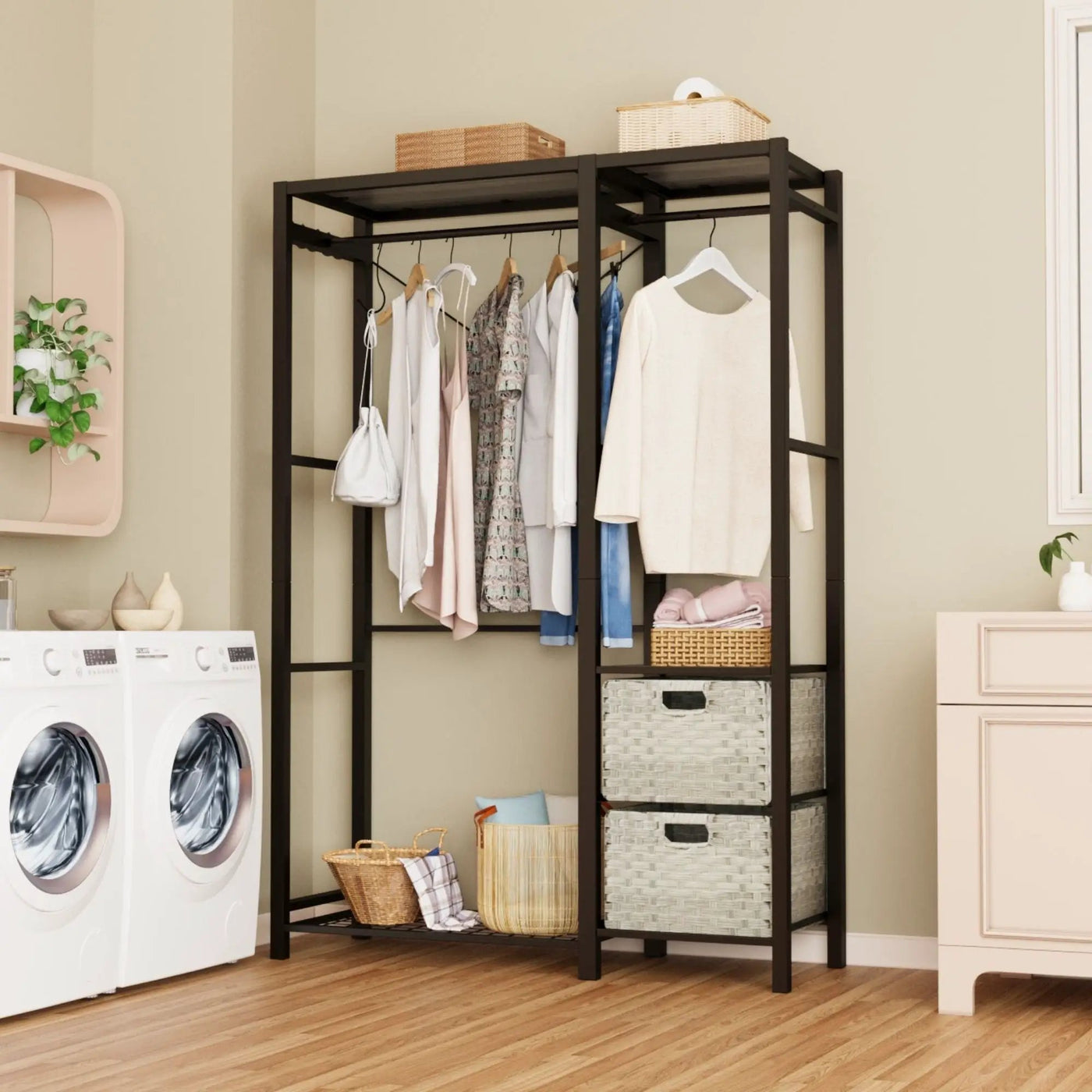 Garment Rack With Shelves, 2 Wicker Drawers, 4 Hooks Organizer by HouseOfZazla
