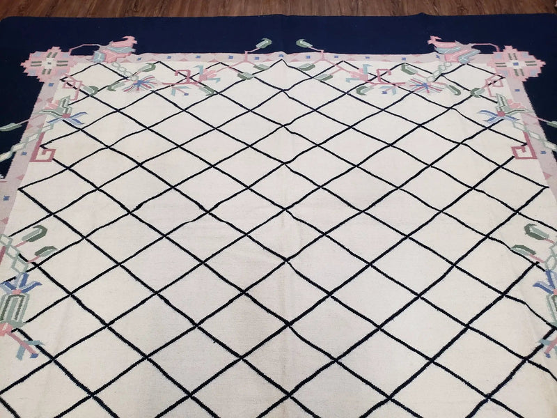 Vintage Dhurrie Rug, Indian Dhurrie 8x11 - 9x11, Wool Hand-Woven Ivory & Black Indo Carpet, Large Flat Weave Rug Living Room Rug Black White by Jewel Rugs