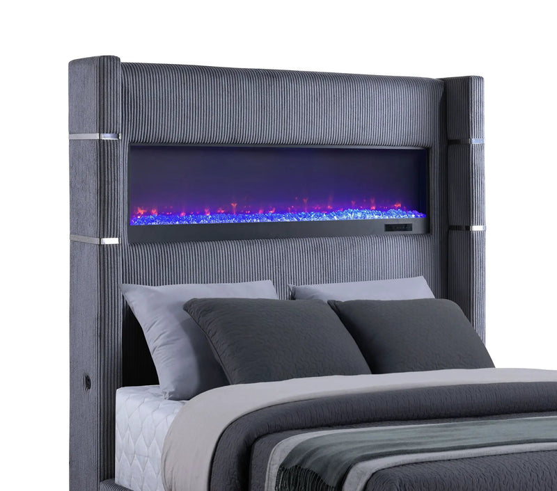 Tisdall Upholstered Queen Flame Visualizer Bed Grey by Unique Piece Furniture