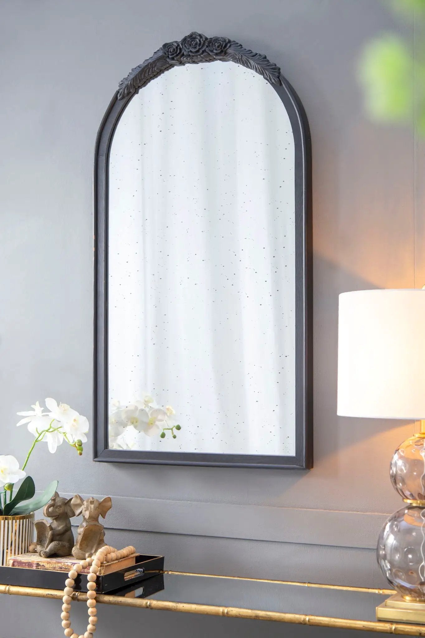 Hand Carved Rose Antique Mirror Frame, Wood Arch Mirror Wall Decor For Living Room by Unique Piece Furniture