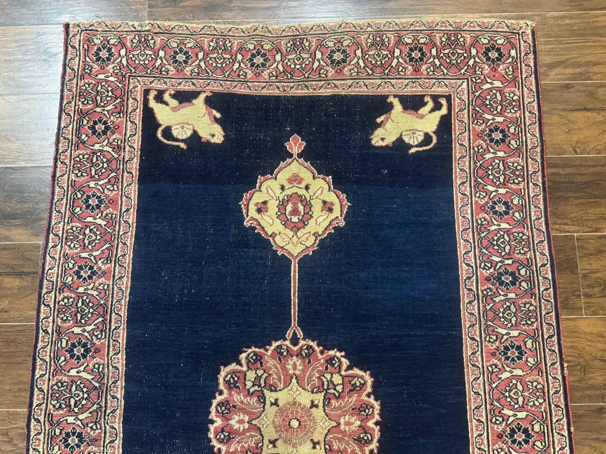 Antique Persian Mashad Rug 4x6, Semi Open Field, Navy Blue, Lion Pictorials, Triple Medallion, Dorokhsh Rug by Jewel Rugs
