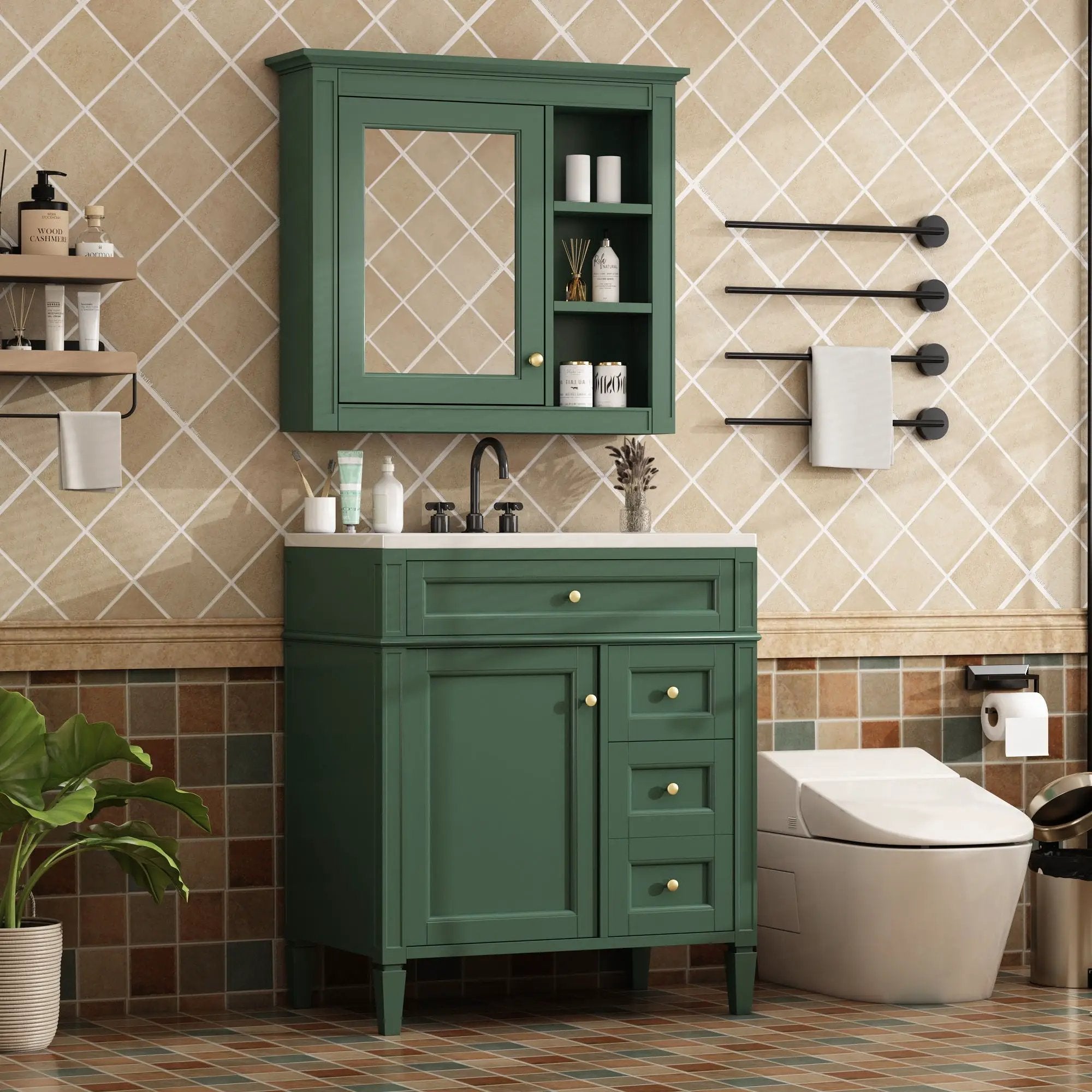 Bathroom Vanity With Top Sink, 2 Doors And 3 Drawers, Freestanding Set With Mirror Cabinet by Unique Piece Furniture