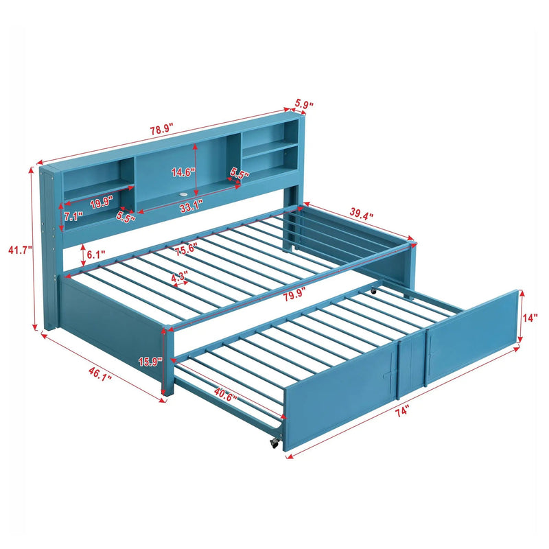Industrial Metal Daybed With Trundle, Storage Shelves, USB Ports by HouseOfZazla