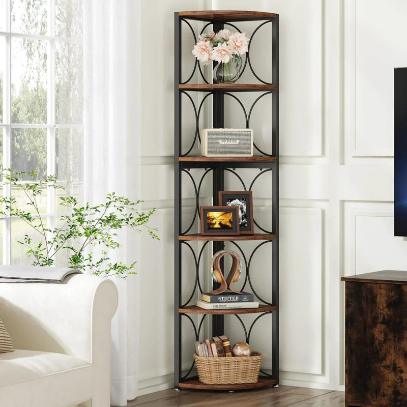 Tall 6 Tier Corner Bookshelf Storage Rack For Living Room - Rustic Brown by HouseOfZazla
