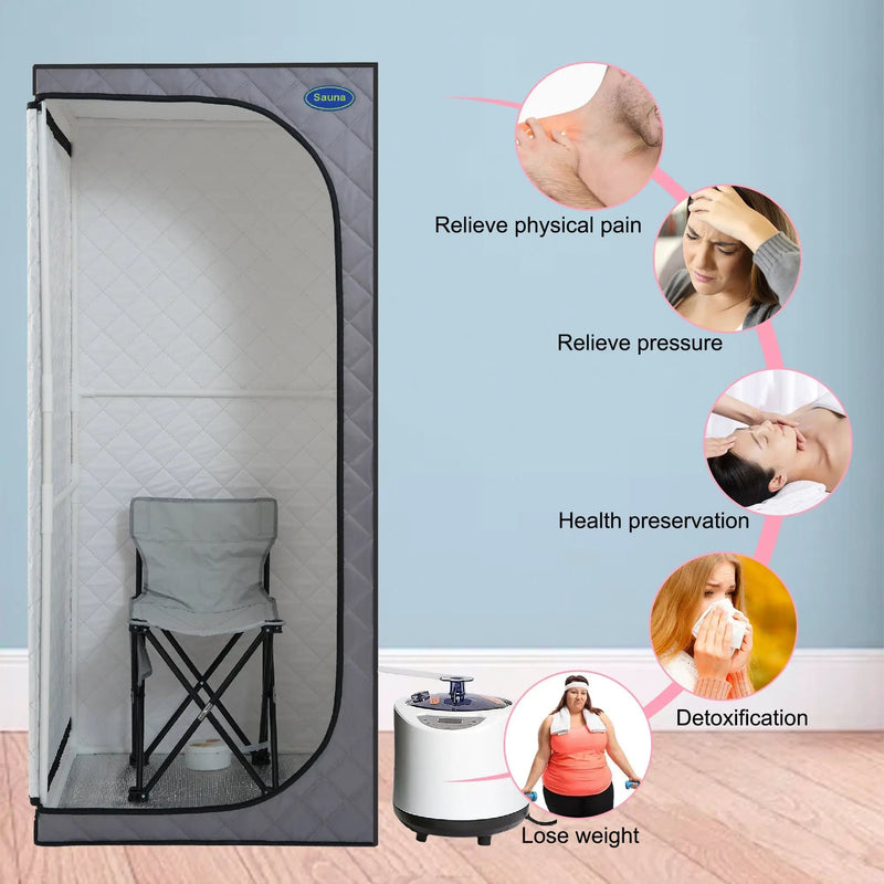 Full Size Portable Grey Steam Sauna tent–Personal Home Spa, with Steam Generator, Remote Control, Foldable Chair, Timer and PVC Pipe Connector Easy to Install.Fast heating, with FCC Certification by HouseOfZazla